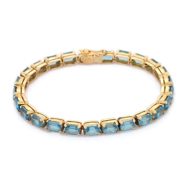 Ottagono Bracciale tennis in oro giallo massiccio 18k taglio ottagono 18,5 carati Topazio Blu Regalo