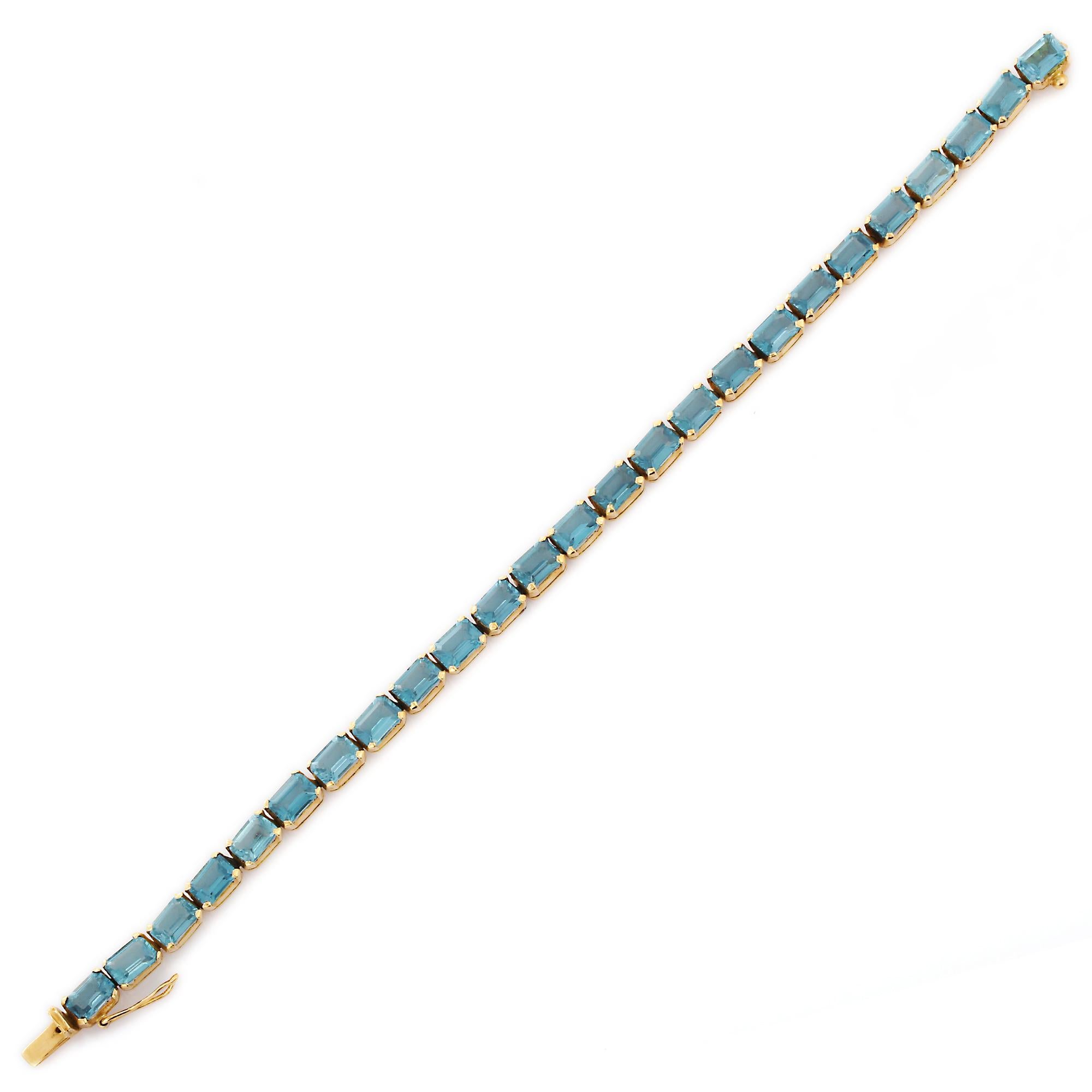 Bracelet tennis en or jaune massif 18 carats, taille octogonale 18,5 carats, topaze bleue en vente 1
