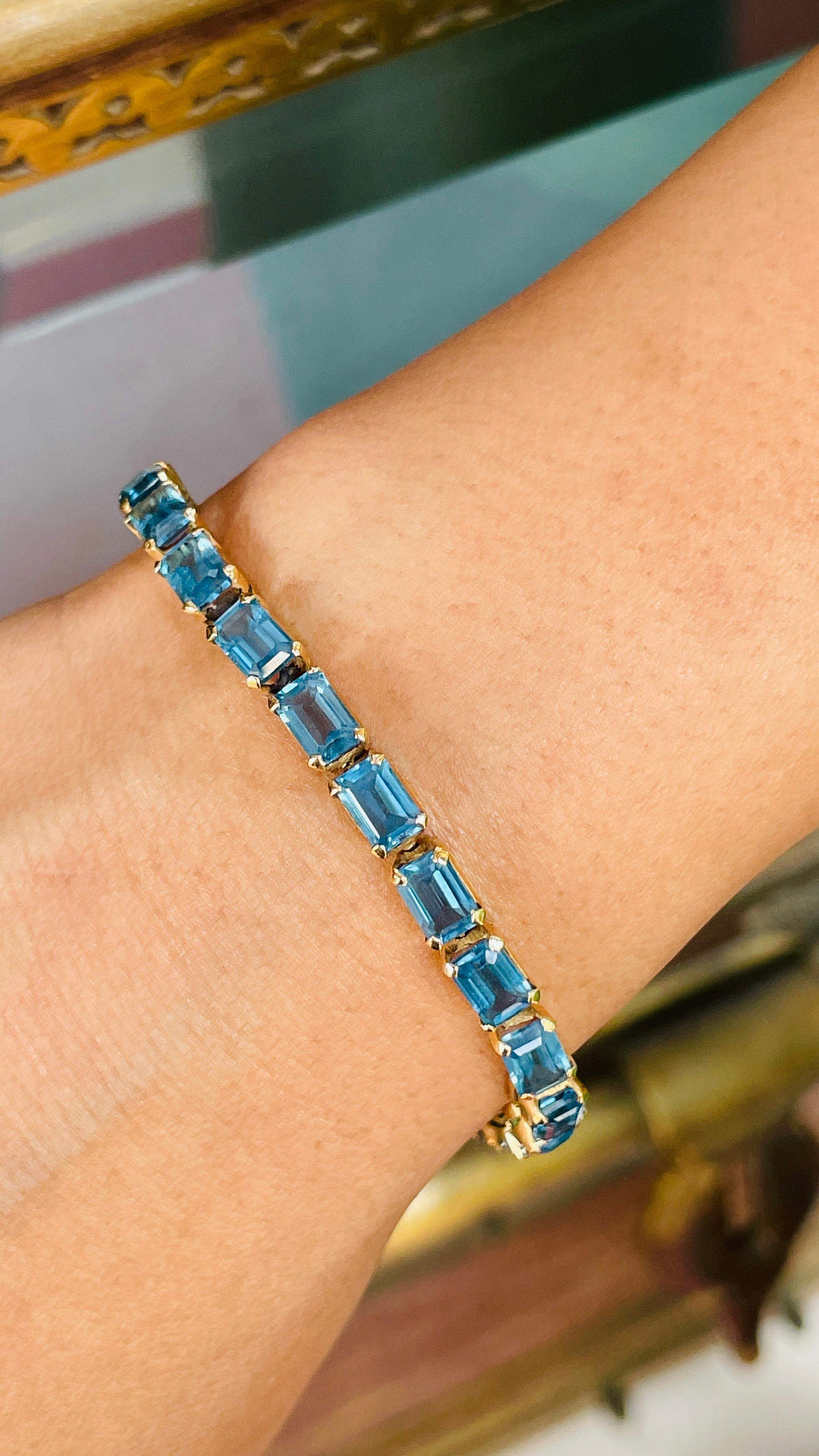 Bracelet tennis en or jaune massif 18 carats, taille octogonale 18,5 carats, topaze bleue en vente 2