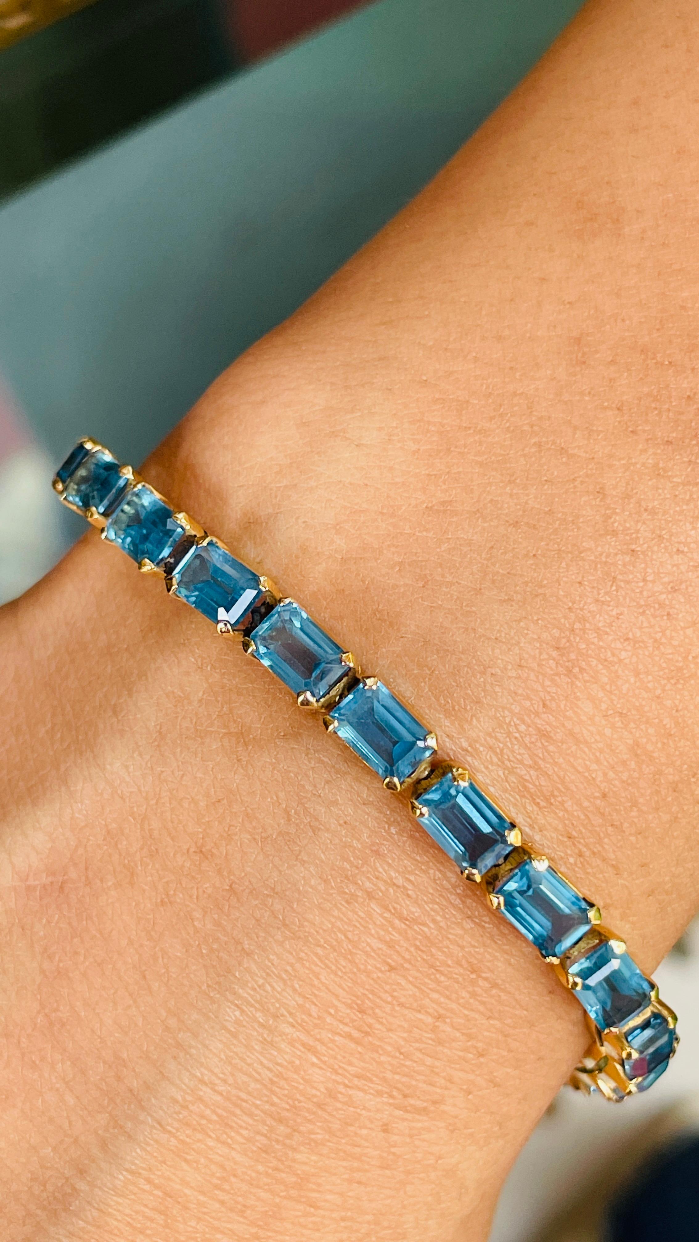 Bracciale tennis in oro giallo massiccio 18k taglio ottagono 18,5 carati Topazio Blu Regalo 2