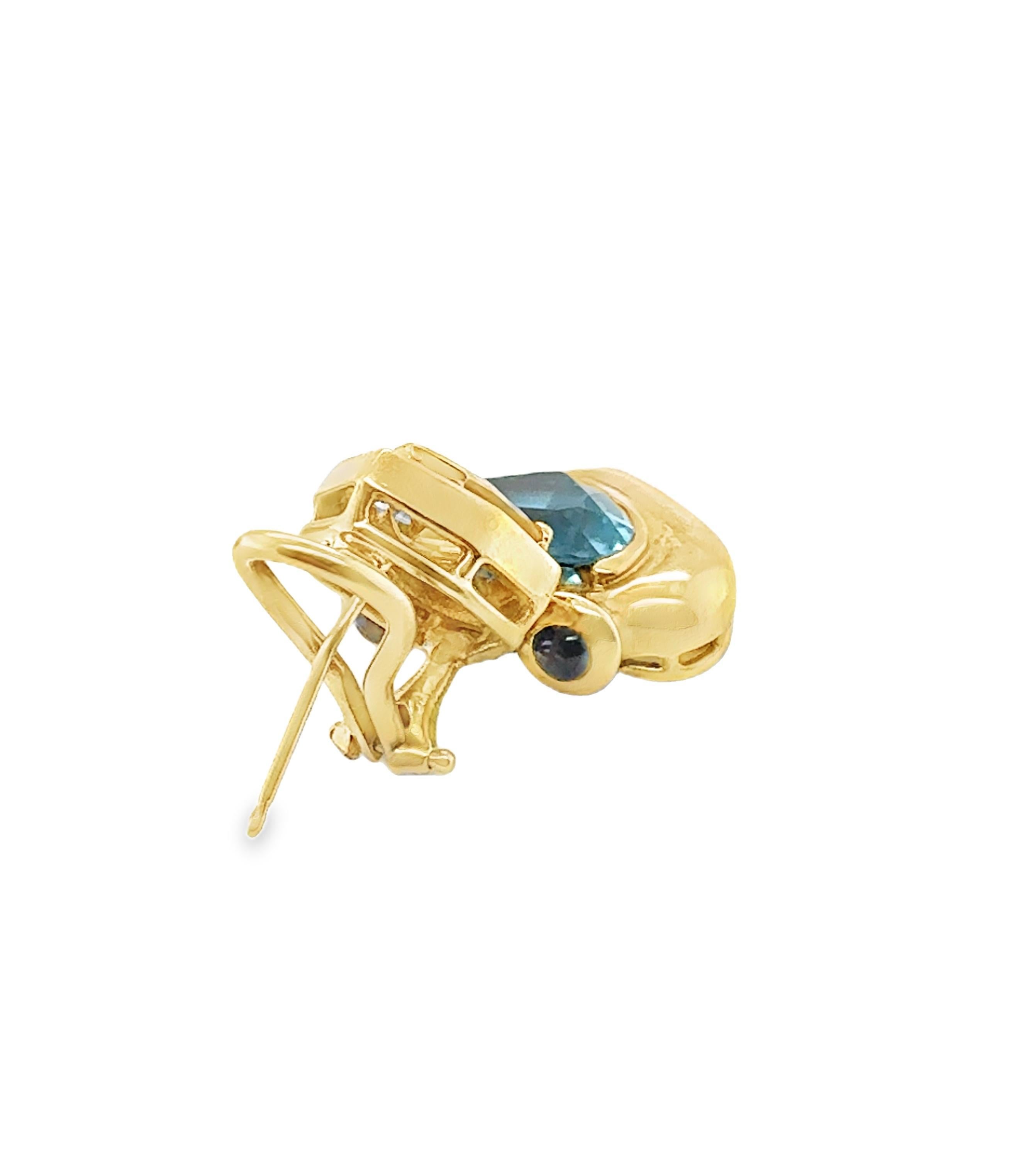 Heart Cut 18k Yellow Gold Blue Topaz, Citrine and Sapphire Dangling Heart-Shaped Earrings For Sale