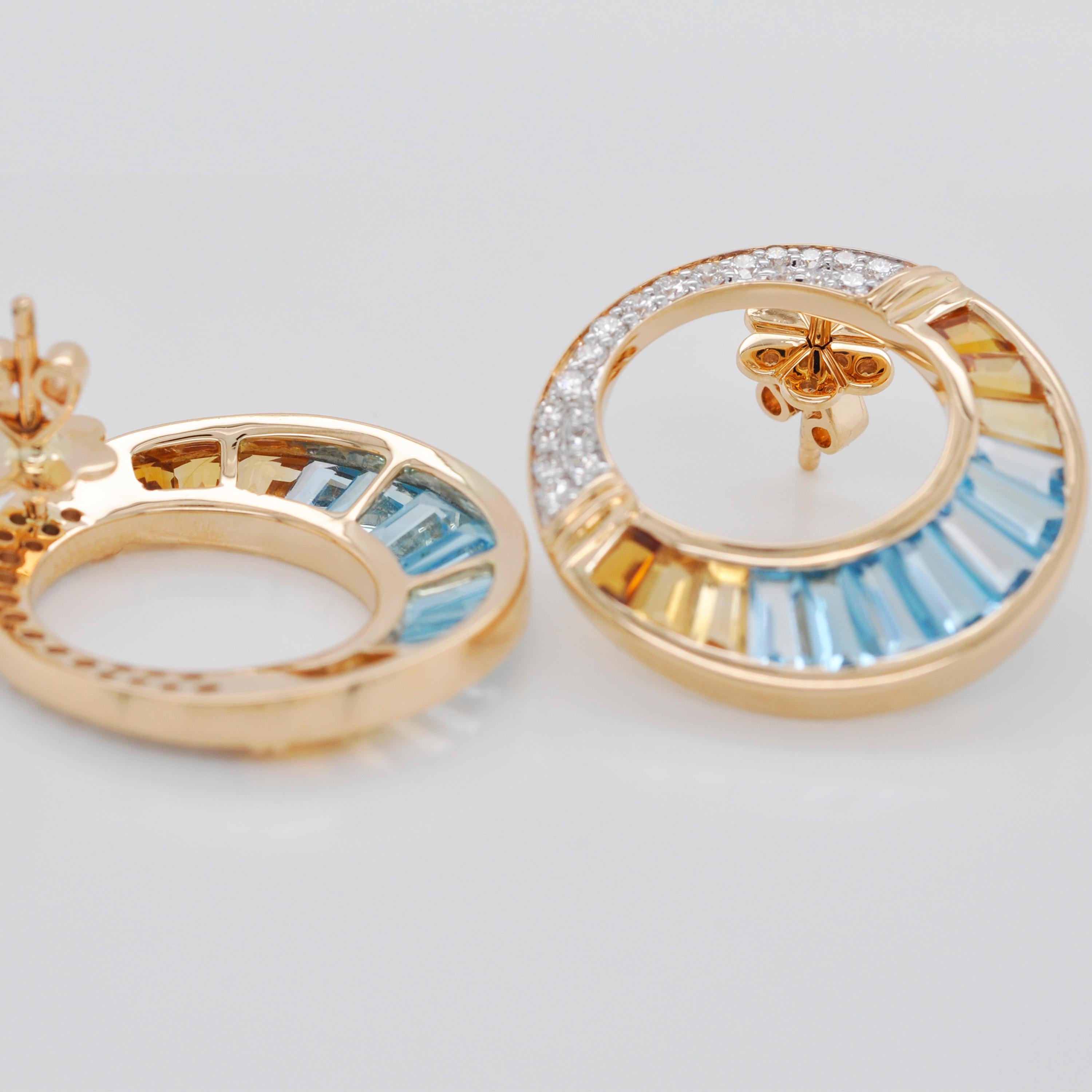 18K Gold Swiss Blue Topaz Citrine Baguette Diamond Pendant Brooch Earrings Set For Sale 7