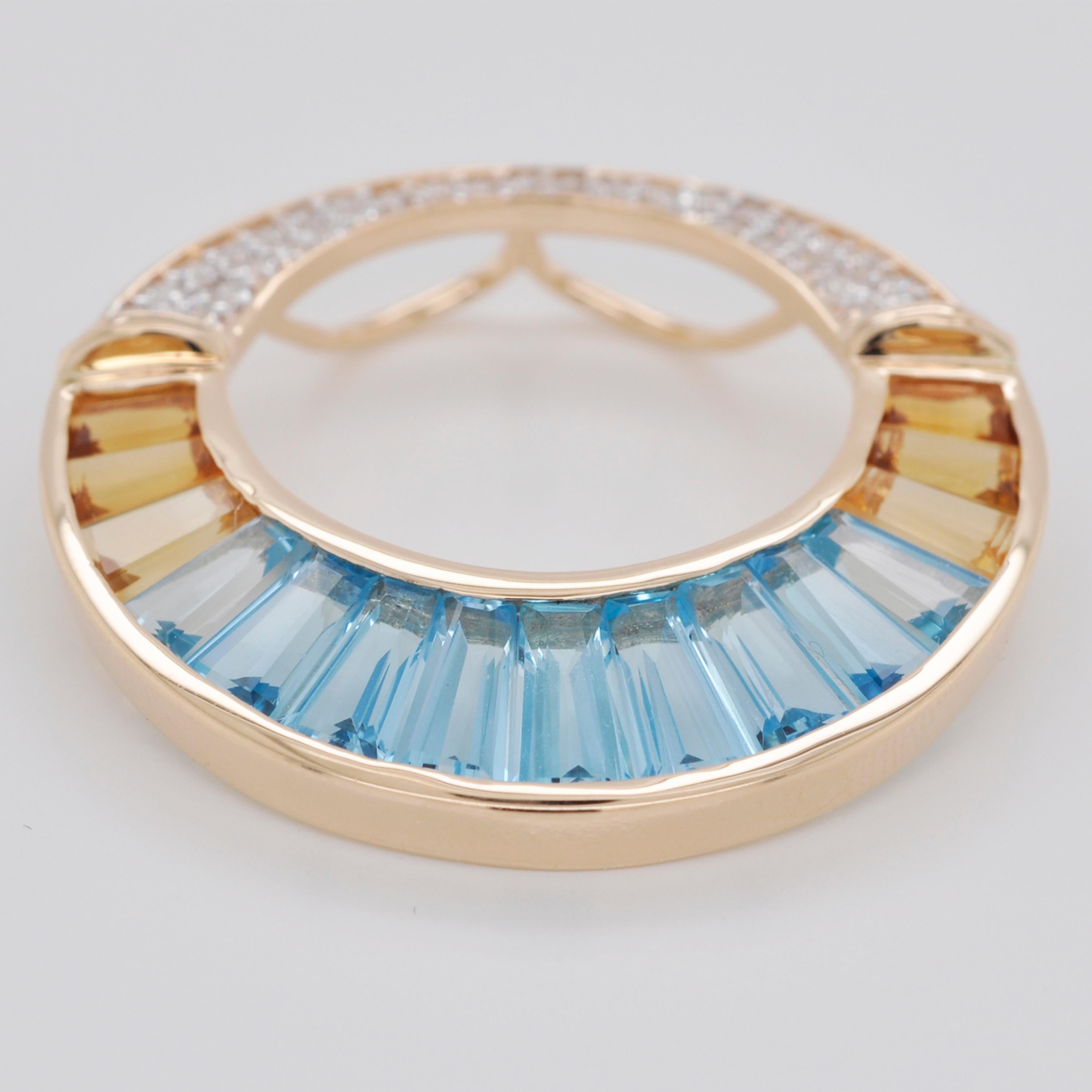 18K Gold Swiss Blue Topaz Citrine Baguette Diamond Pendant Brooch Earrings Set For Sale 3
