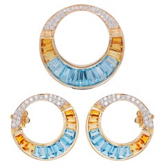 18K Gold Swiss Blue Topaz Citrine Baguette Diamond Pendant Brooch Earrings Set