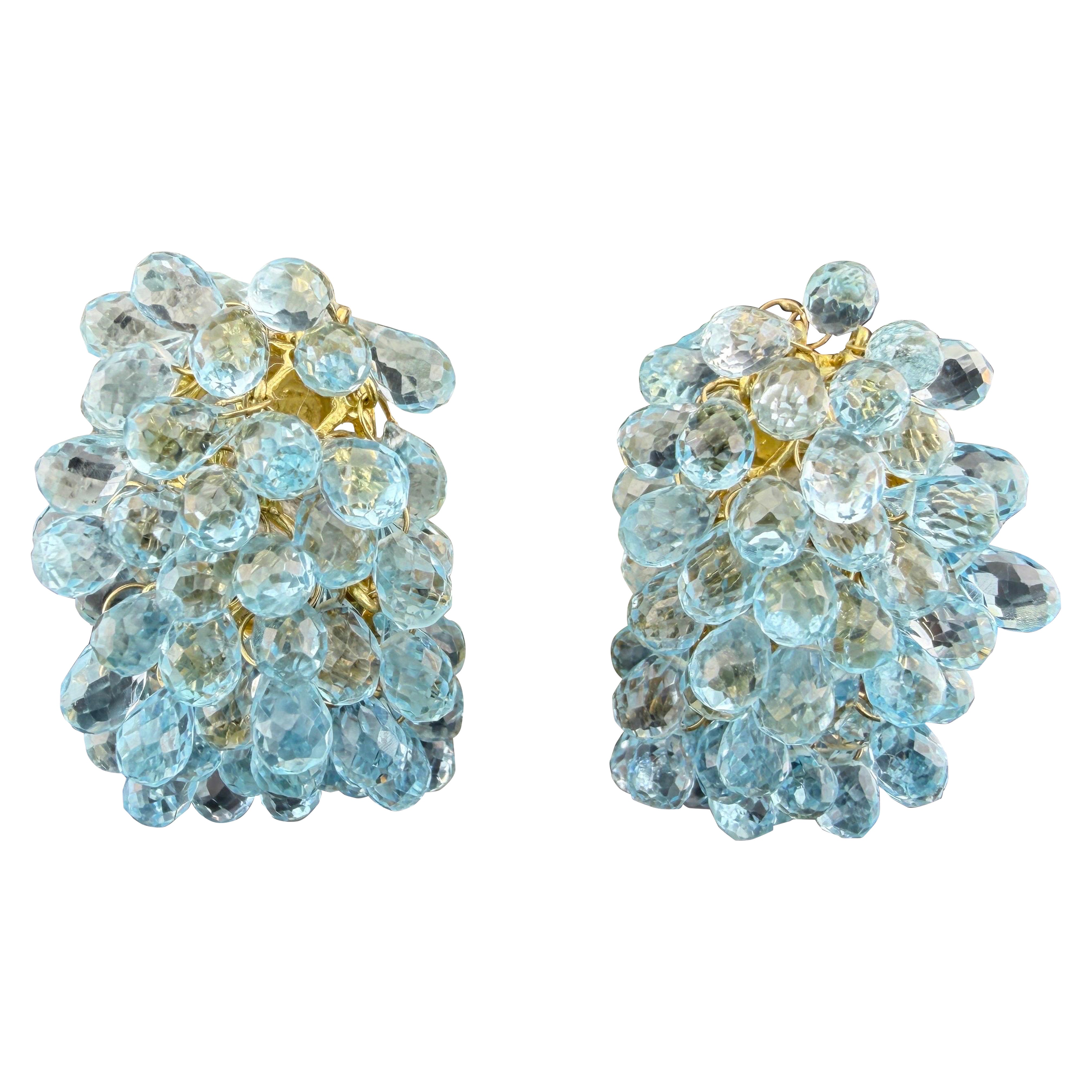 18k Yellow Gold Blue Topaz Clip-On Earrings For Sale