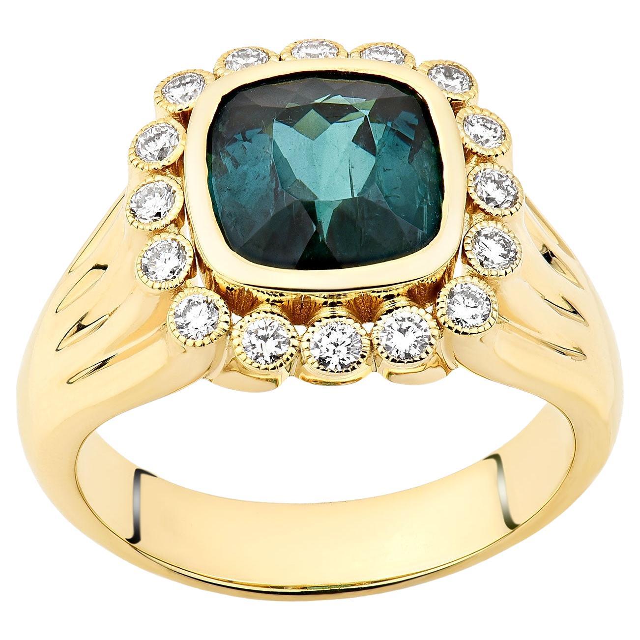 For Sale:  18K Yellow Gold Blue Topaz Cushion Cut Signet Ring with Diamond Accents