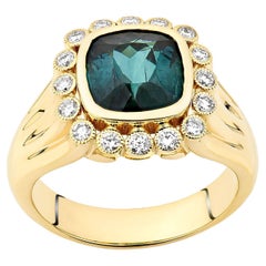 18K Yellow Gold Blue Topaz Cushion Cut Signet Ring with Diamond Accents