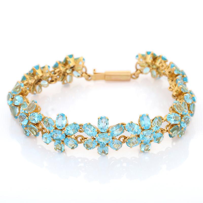 Art Nouveau Style 18k Solid Yellow Gold 38.1 CTW Blue Topaz Flower Bracelet In New Condition For Sale In Houston, TX