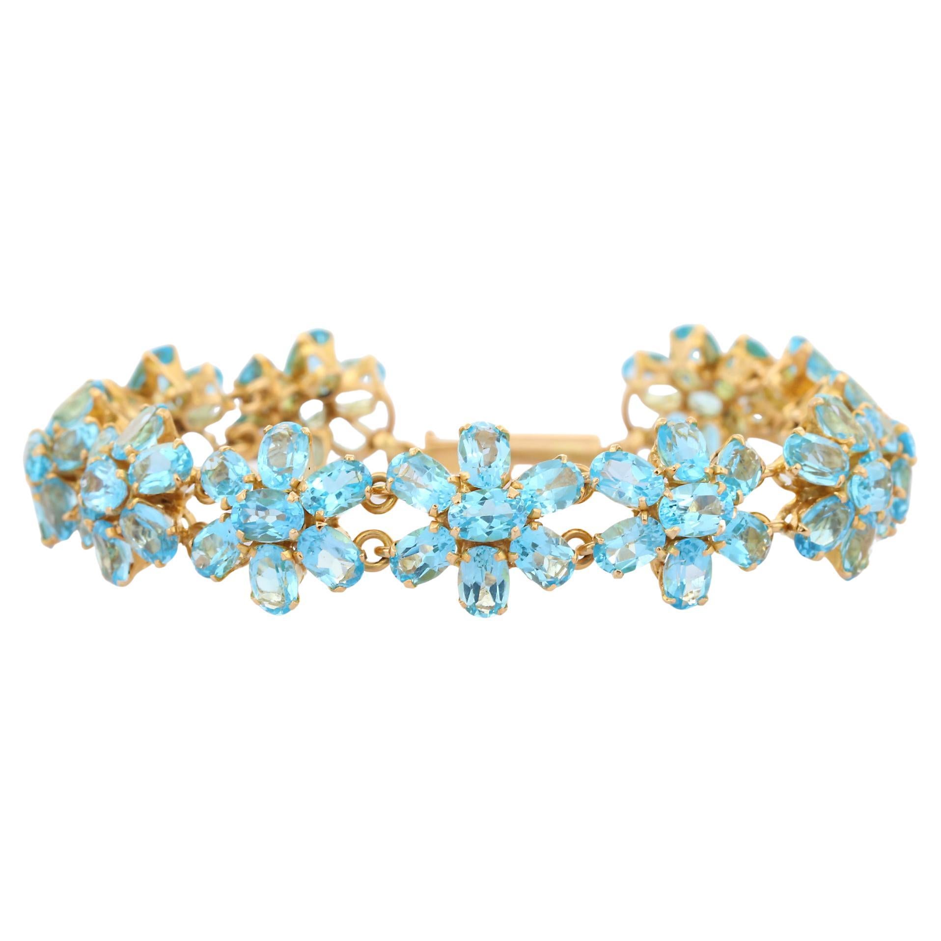 Art Nouveau Style 18k Solid Yellow Gold 38.1 CTW Blue Topaz Flower Bracelet For Sale