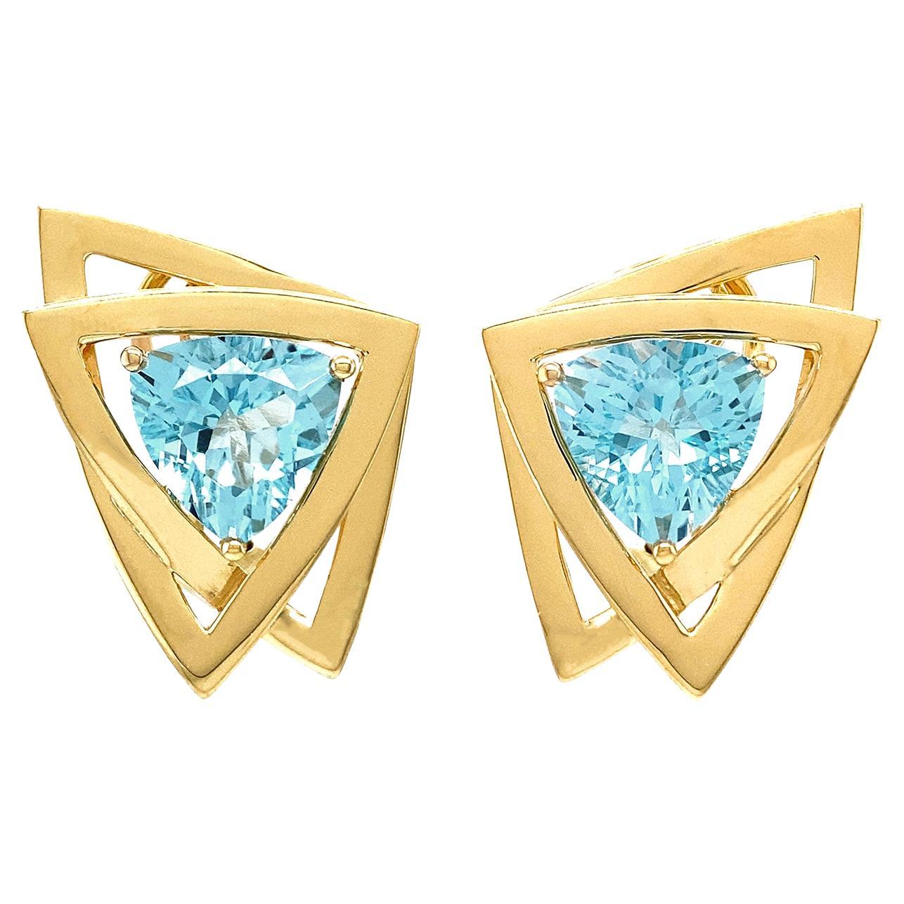 18 Karat Gelbgold Blauer Topas Trillion Clip-On Ohrring
