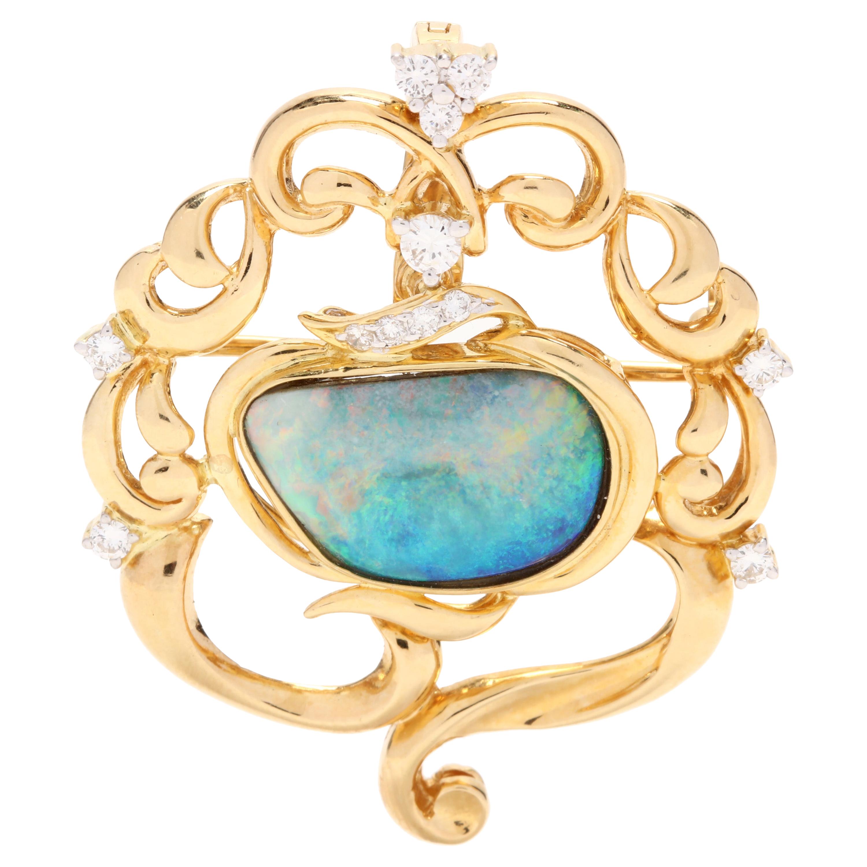 18 Karat Yellow Gold Boulder Opal and Diamond Brooch Pendant