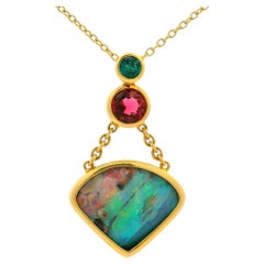 18k Yellow Gold Boulder Opal 
Tourmaline Drop Pendant on 18" Cable Link Chain