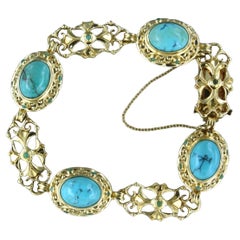 18k yellow gold bracelet set with cabochon cut turquoise - 24.3 grams 18 cm long