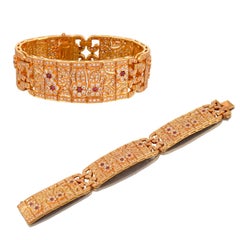 18K Yellow Gold Bracelet Set with Fancy Pink Diamonds and Ruby