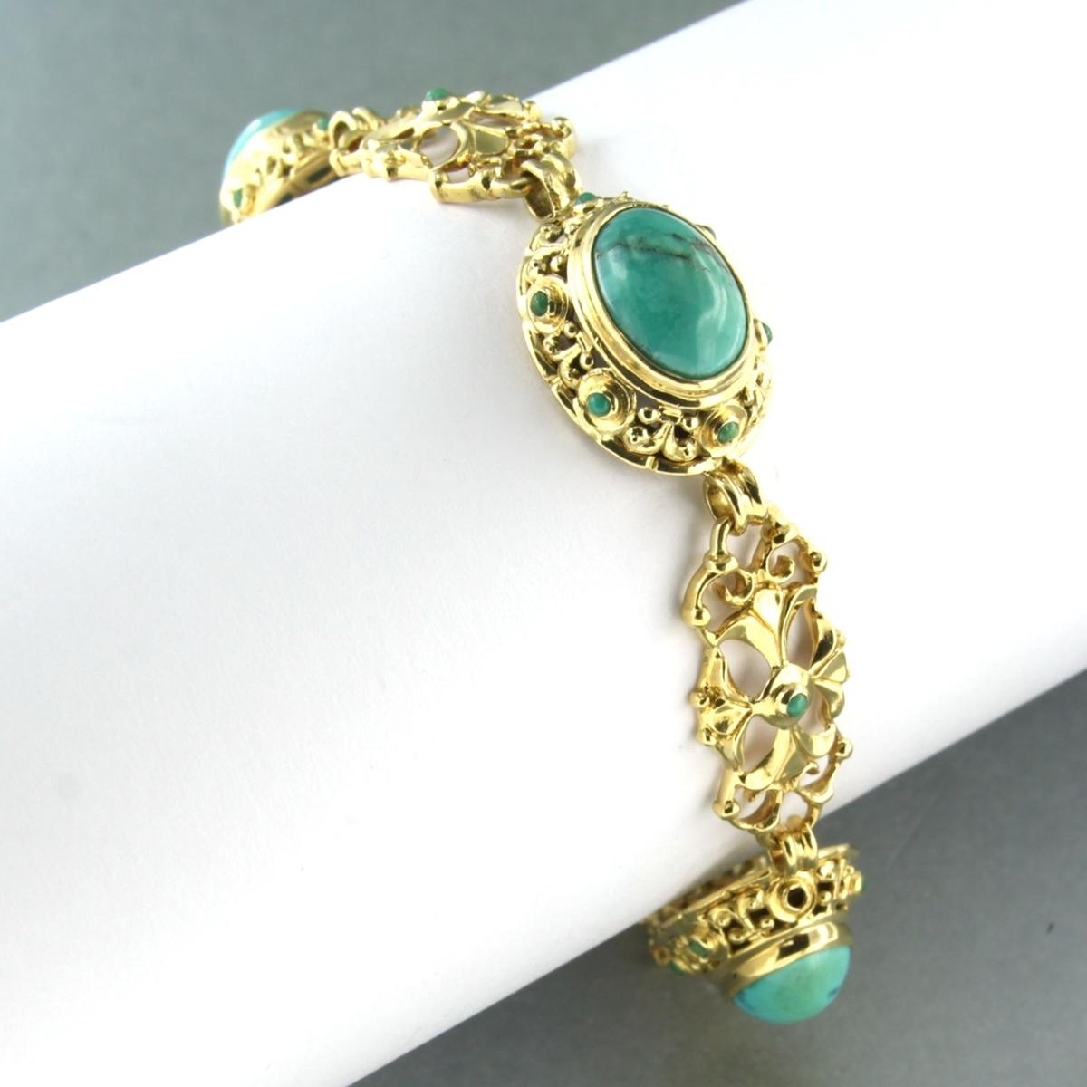 18k yellow gold bracelet set with turquoise - 18 cm long

detailed description:

The bracelet is approximately 18 cm long and 1.4 cm wide, and has a safety chain

Total weight bracelet: 24.3 grams

Occupied with :

- 4 x 1.1 cm x 0.8 cm oval