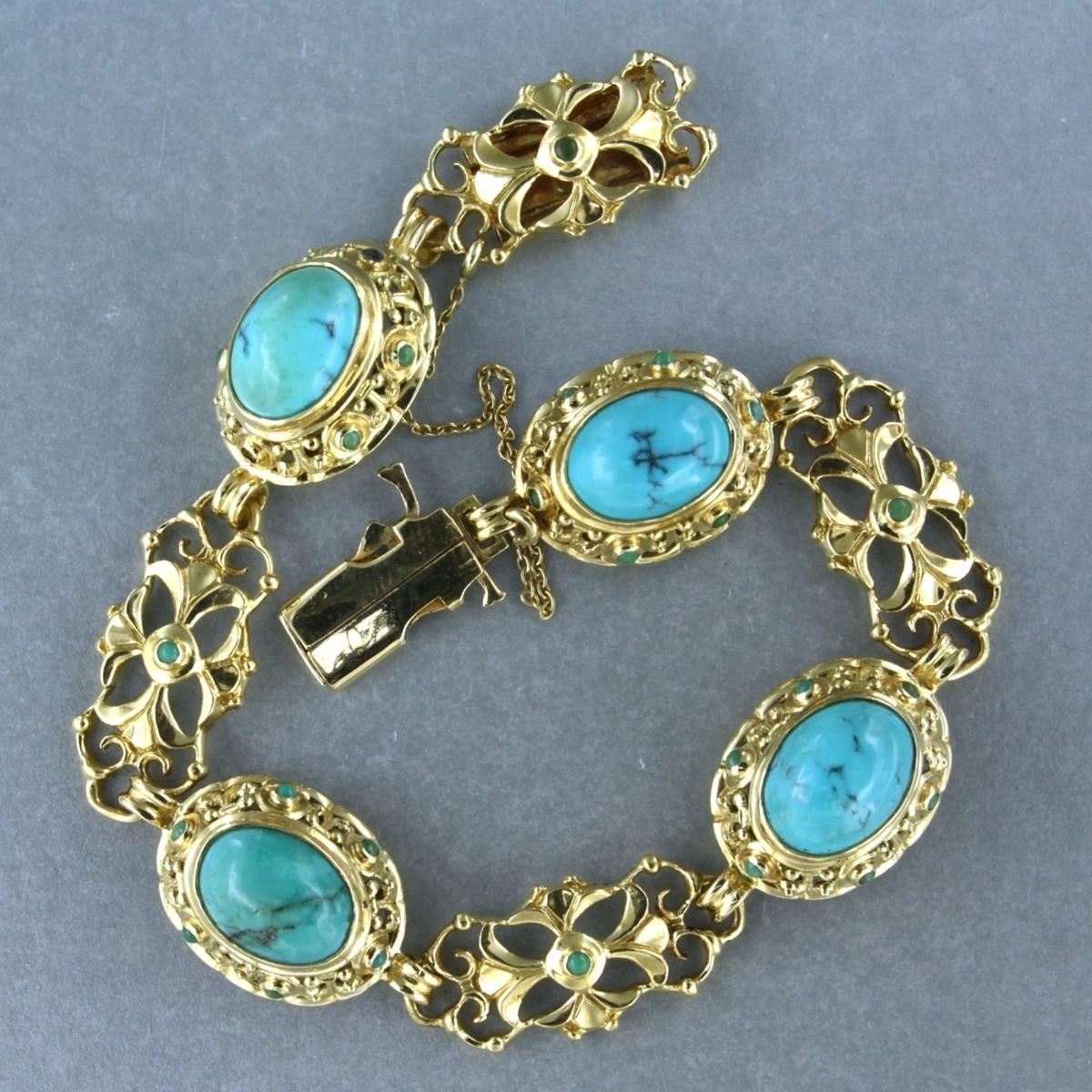 18k yellow gold bracelet set with turquoise - 18 cm long In Excellent Condition For Sale In The Hague, ZH
