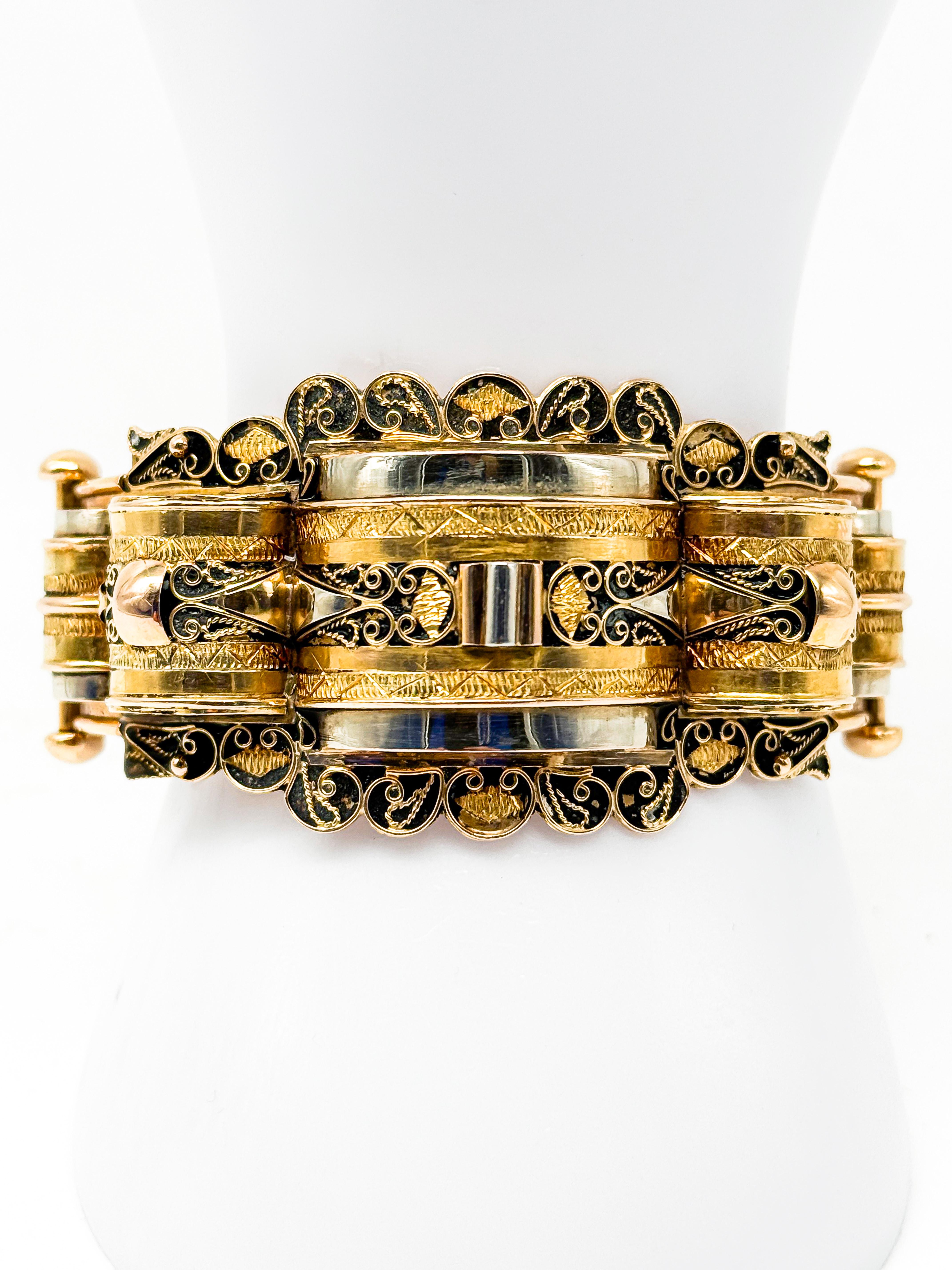 Victorien Bracelet en or jaune 18 carats, époque victorienne, émail noir, 1850-1880 en vente
