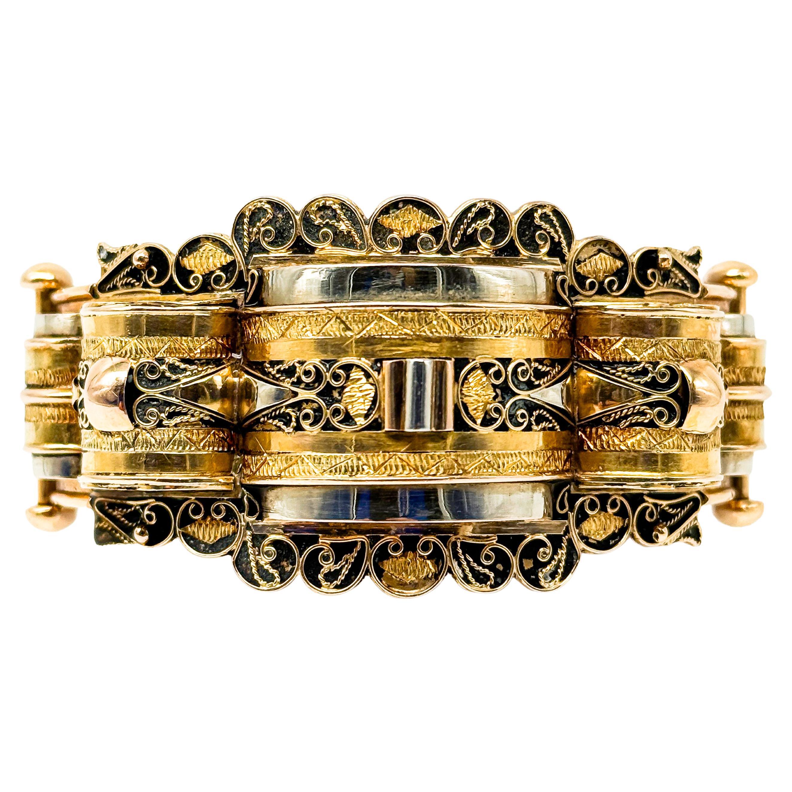 Bracelet en or jaune 18 carats, époque victorienne, émail noir, 1850-1880