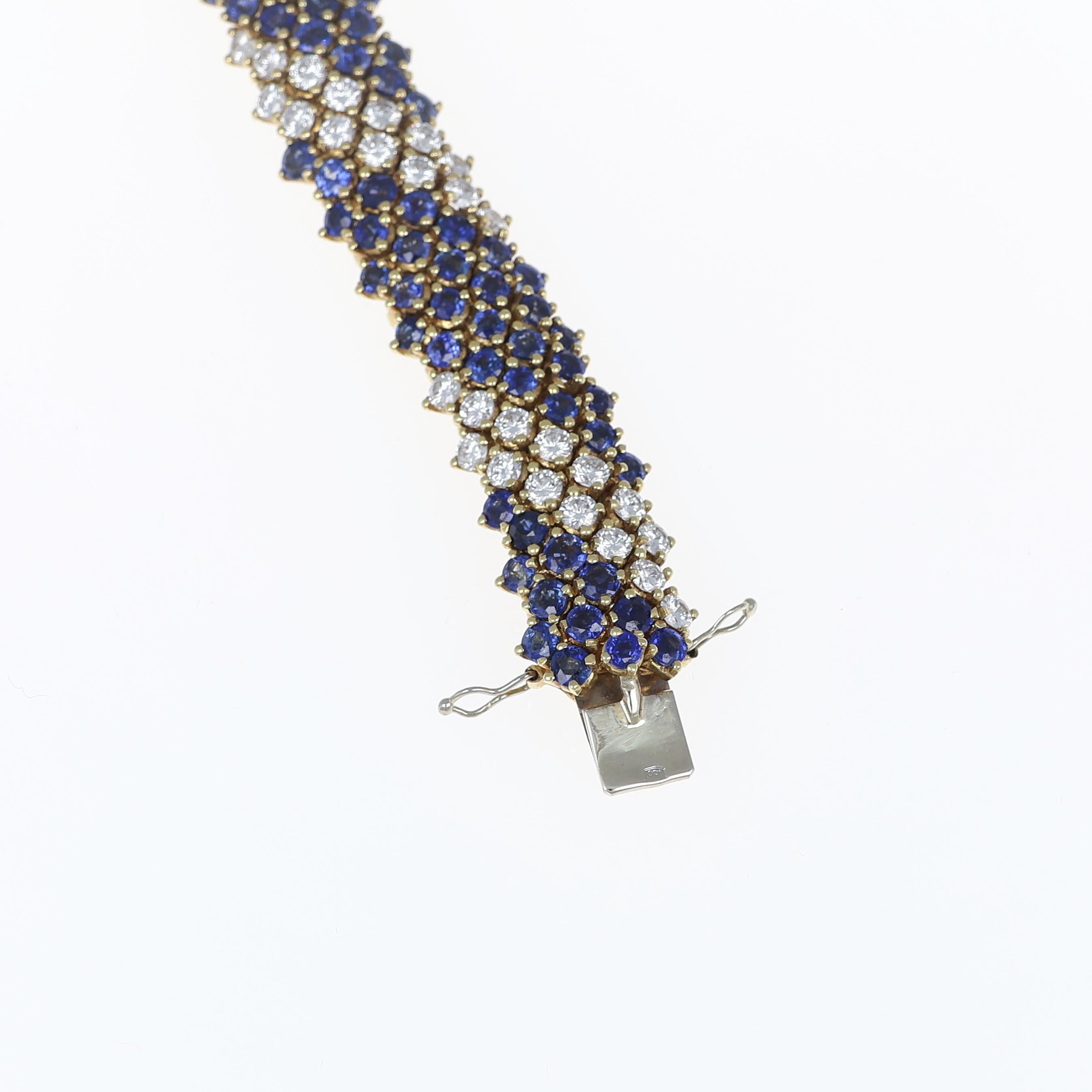 Brilliant Cut 18K Yellow Gold Bracelet with Blue Sapphires and Diamonds For Sale