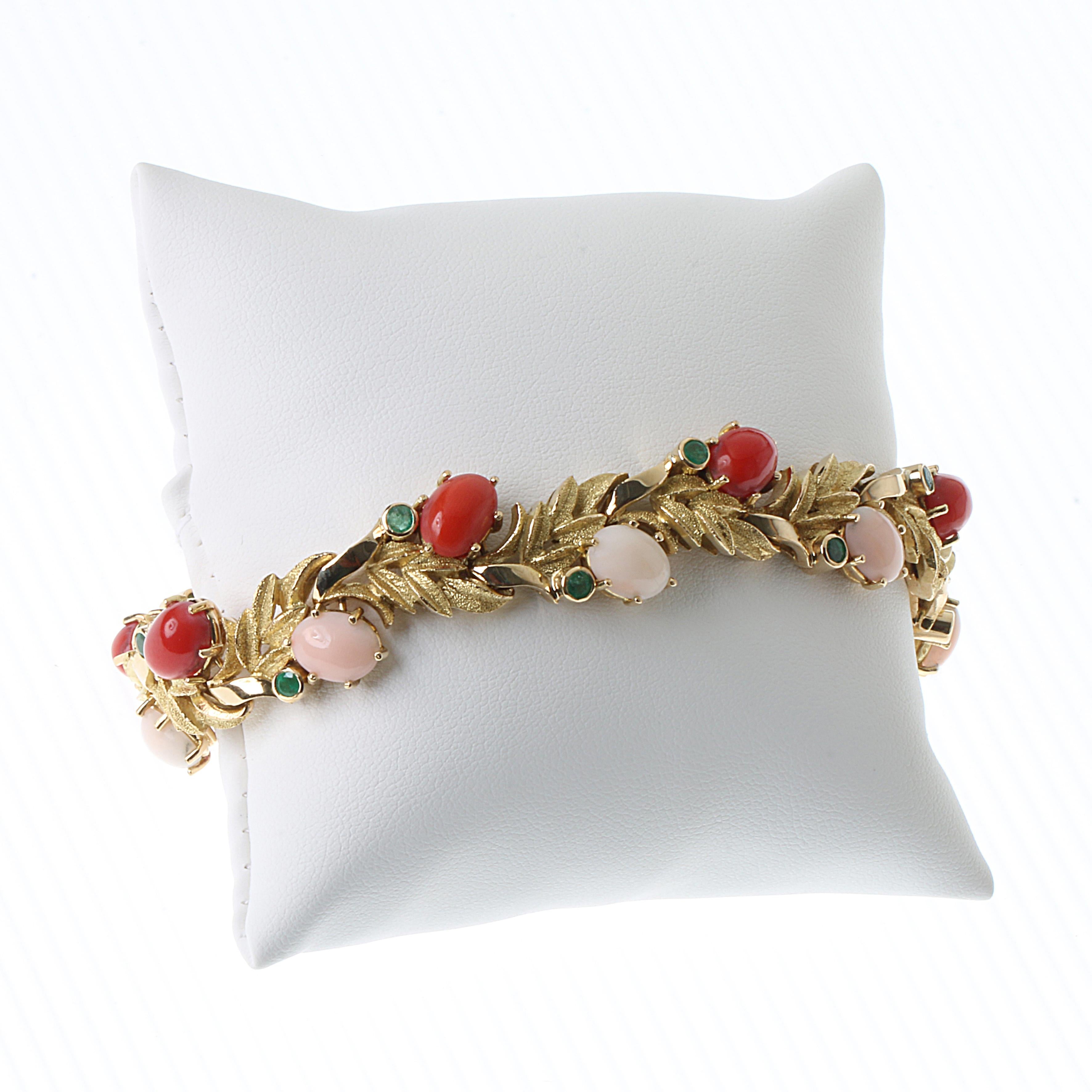 Hellenistic 18 Karat Yellow Gold Bracelet with Red/Pink Meditteranean Coral and Emeralds