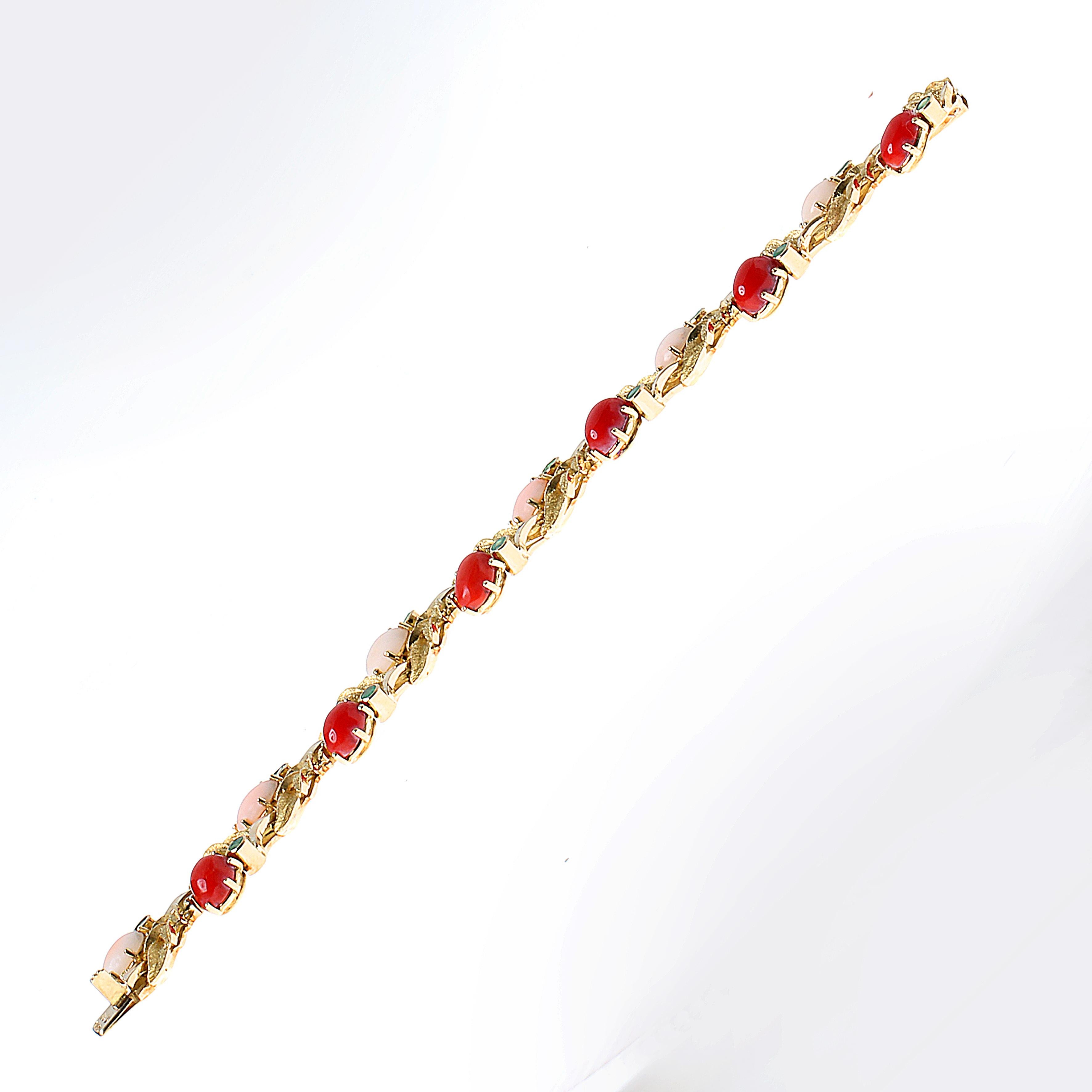 Cabochon 18 Karat Yellow Gold Bracelet with Red/Pink Meditteranean Coral and Emeralds