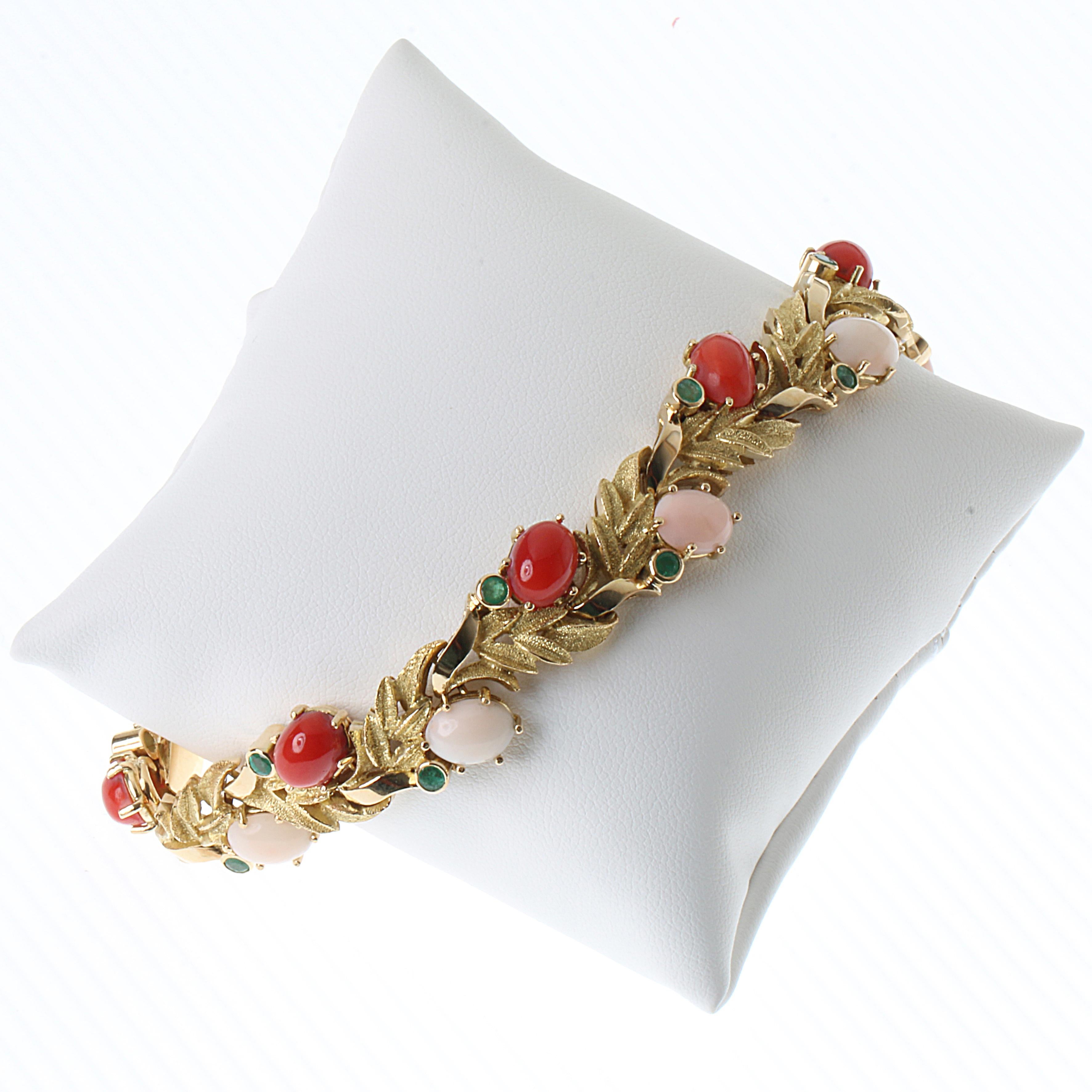 18 Karat Yellow Gold Bracelet with Red/Pink Meditteranean Coral and Emeralds 1