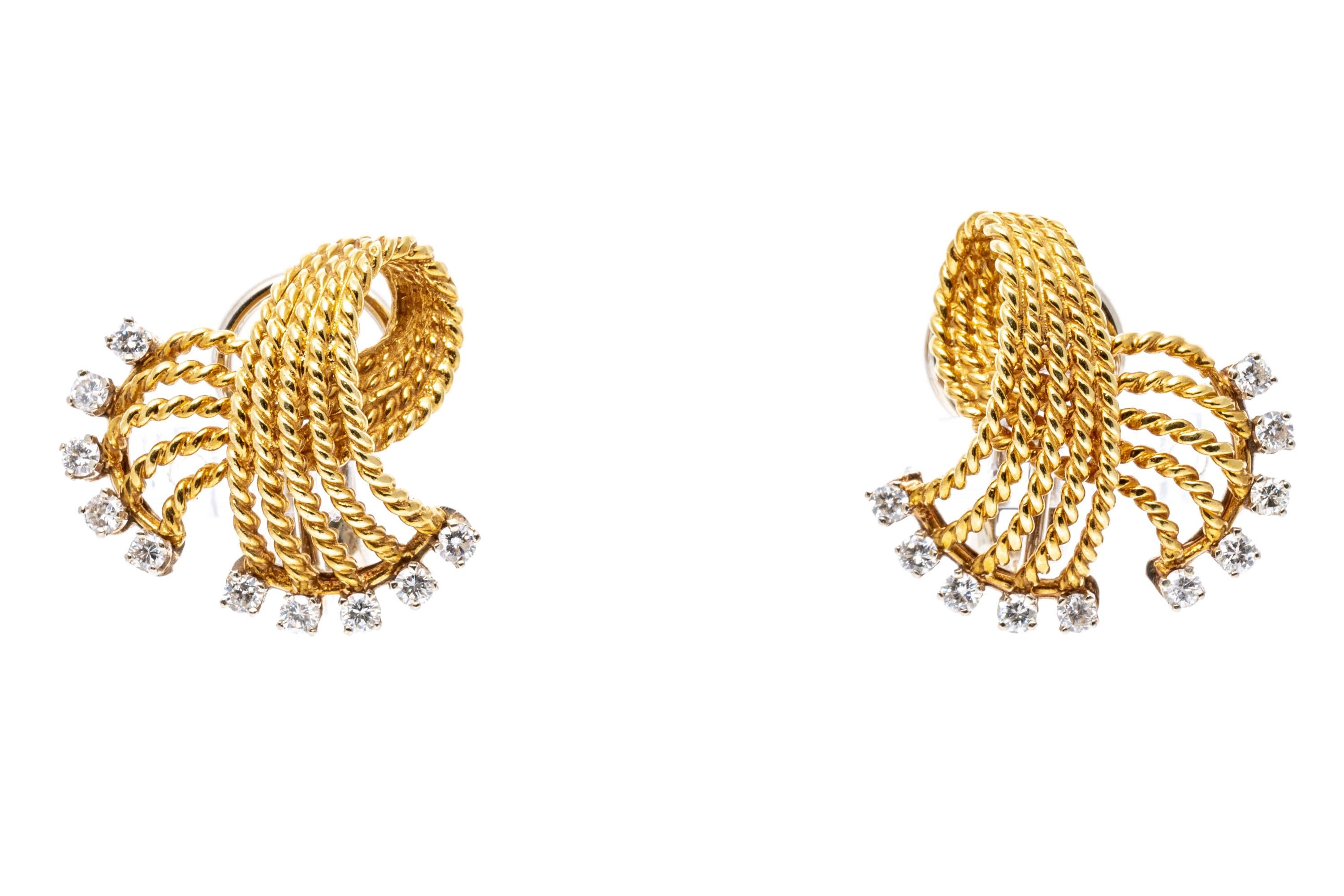 Round Cut 18K Yellow Gold Braided Folded Knot Earrings with Diamonds, App. 0.50 TCW For Sale