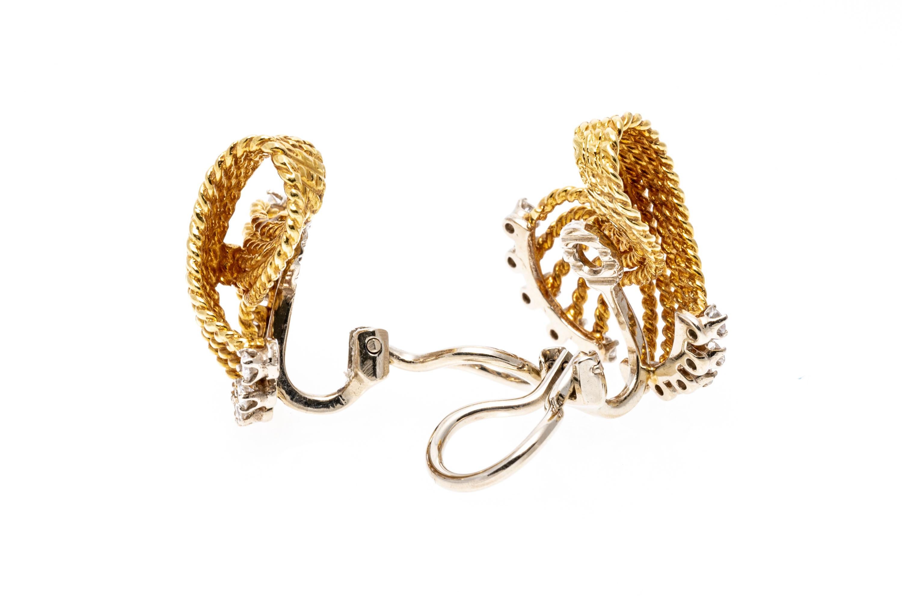 18K Yellow Gold Braided Folded Knot Earrings with Diamonds, App. 0.50 TCW In Good Condition For Sale In Southport, CT