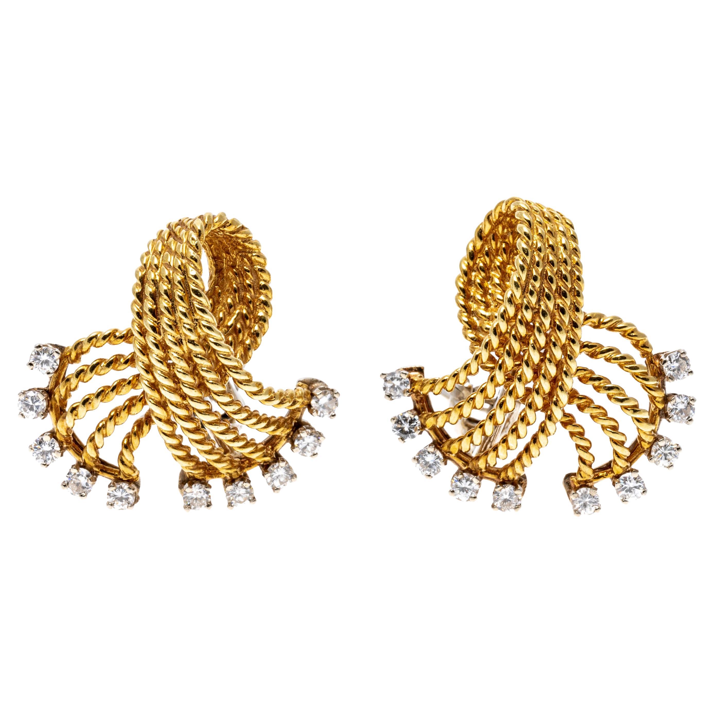 Boucles d'oreilles en or jaune 18 carats tressées à nœuds pliés avec diamants, environ 0,50 carat