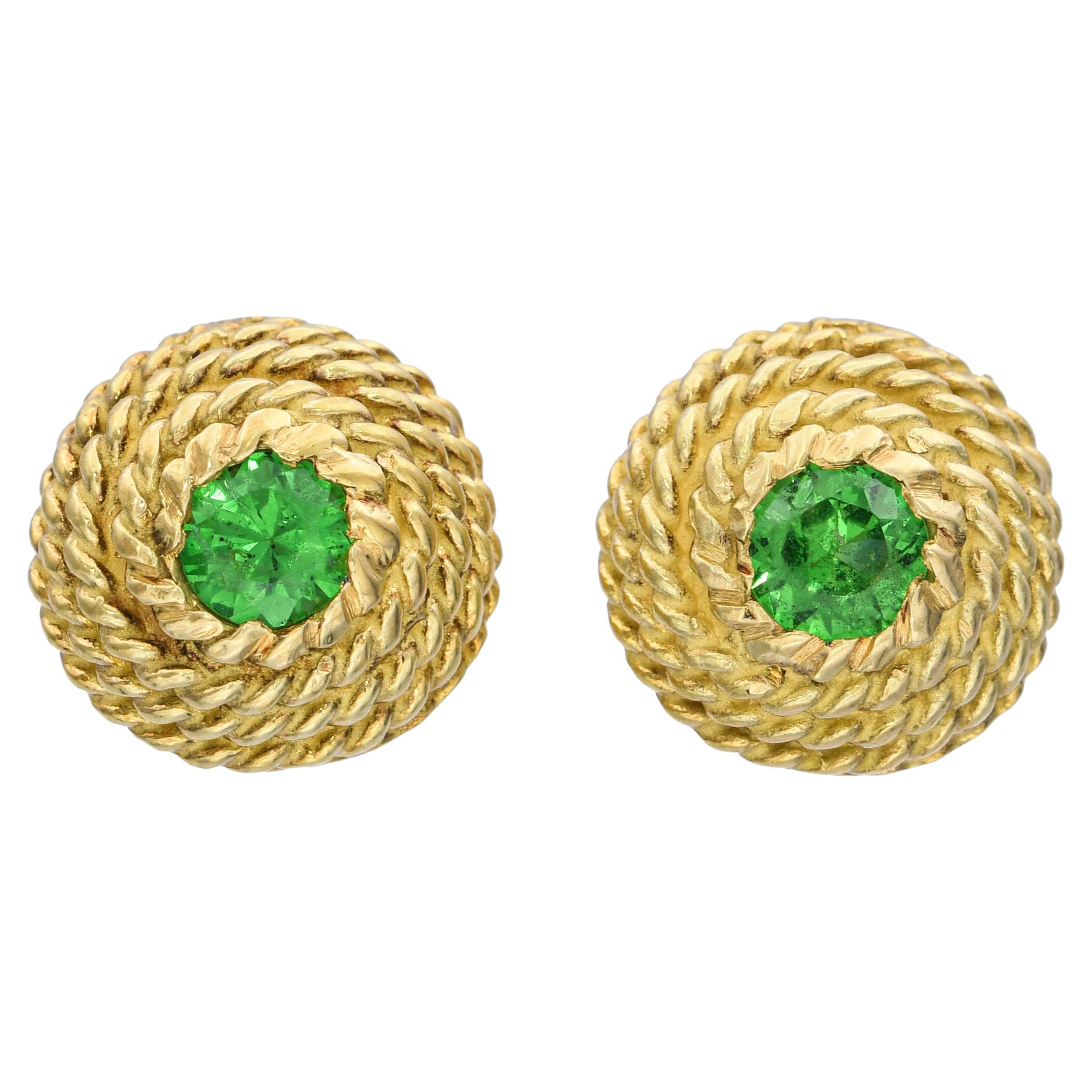 18k Gelbgold geflochtenes Seil Tsavorit Granat Ohrstecker