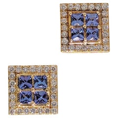 18k Yellow Gold, Bright Tanzanites '8=1.99cts' and Diamond '48=1.29cts' Earring