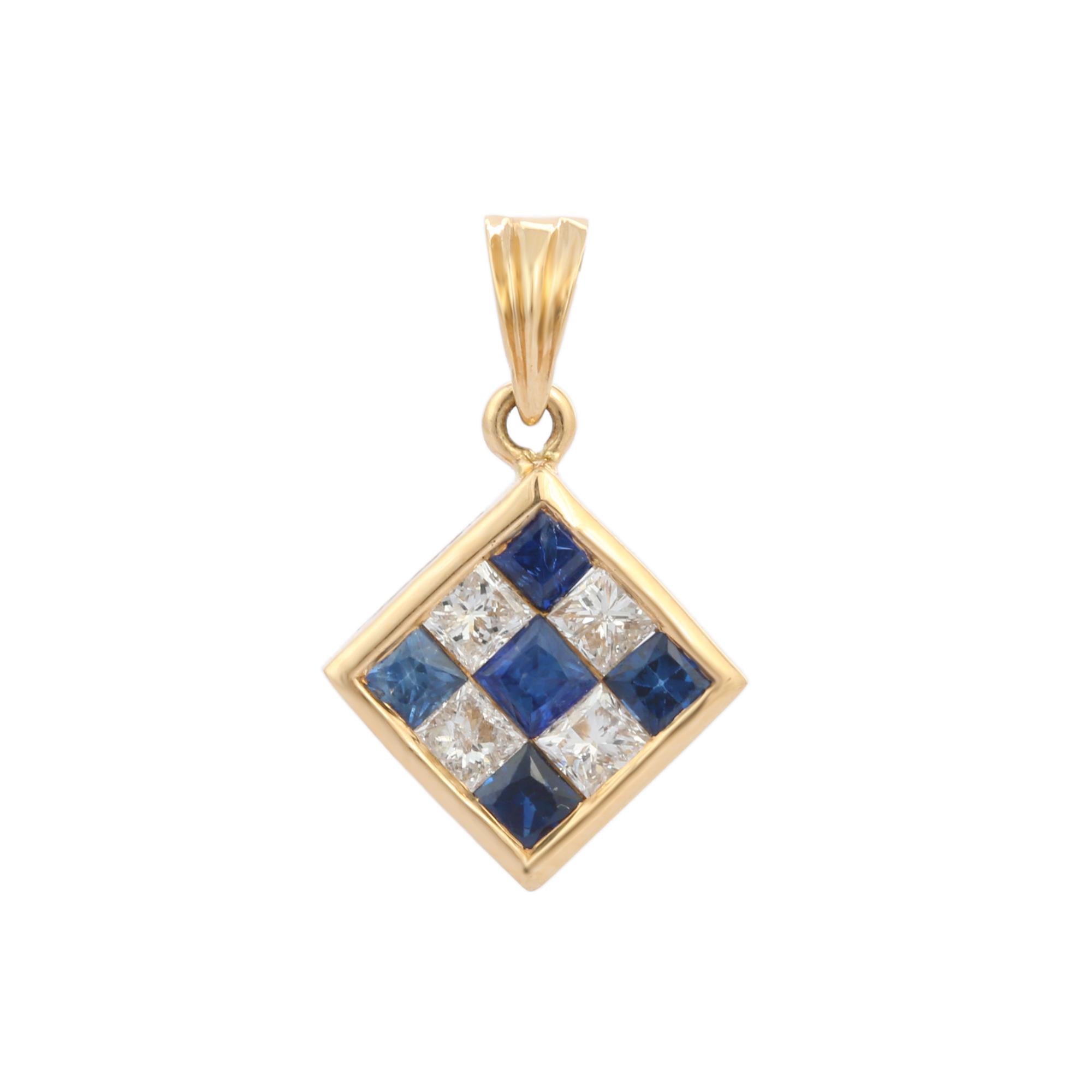 Natural Blue Sapphire Square Shape pendant in 18K Gold. It has square cut sapphires with studded diamond that completes your look with a decent touch. Pendants are used to wear or gifted to represent love and promises. It's an attractive jewelry