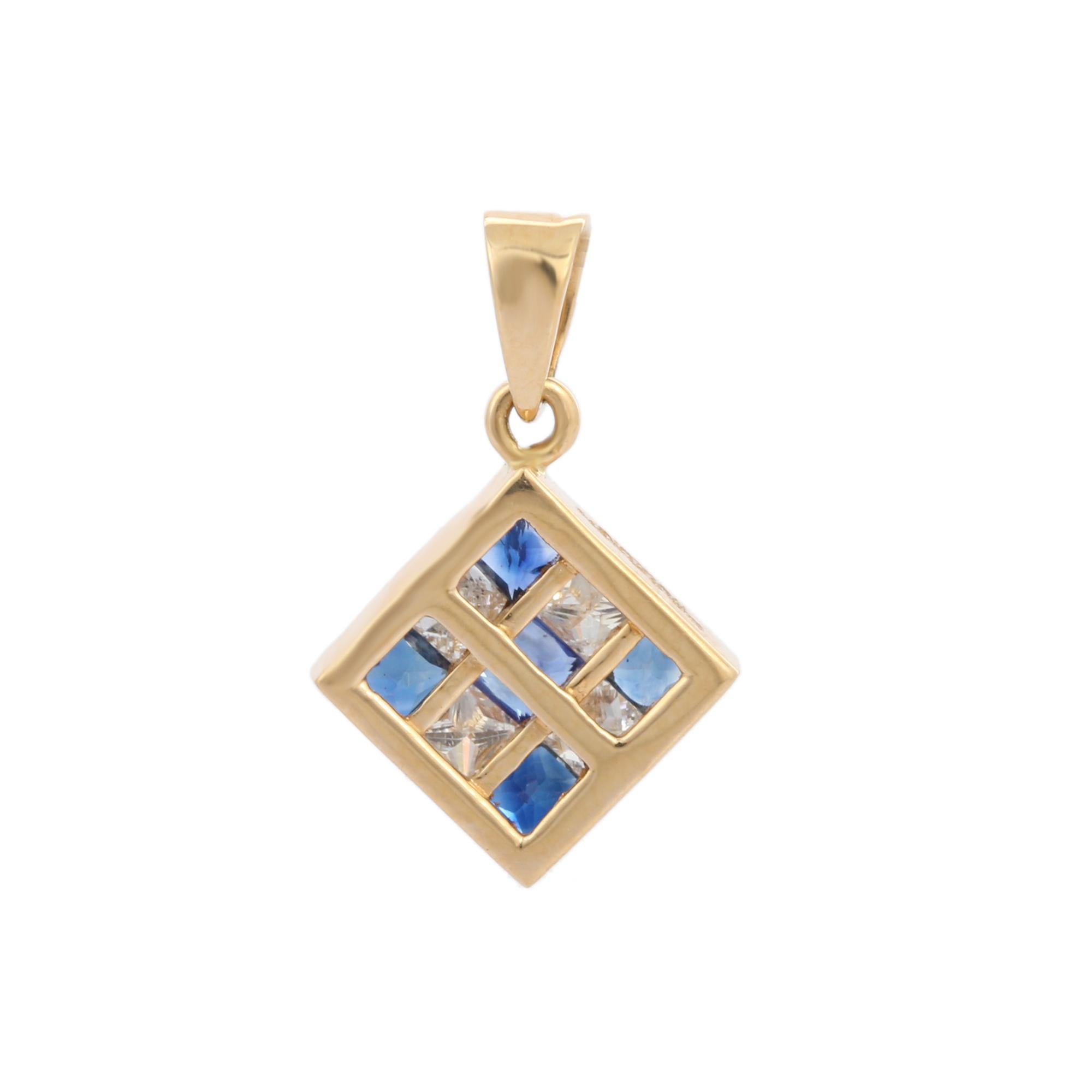 Modern 18K Yellow Gold Brilliant Blue Sapphire and Diamond Square Pendant For Sale