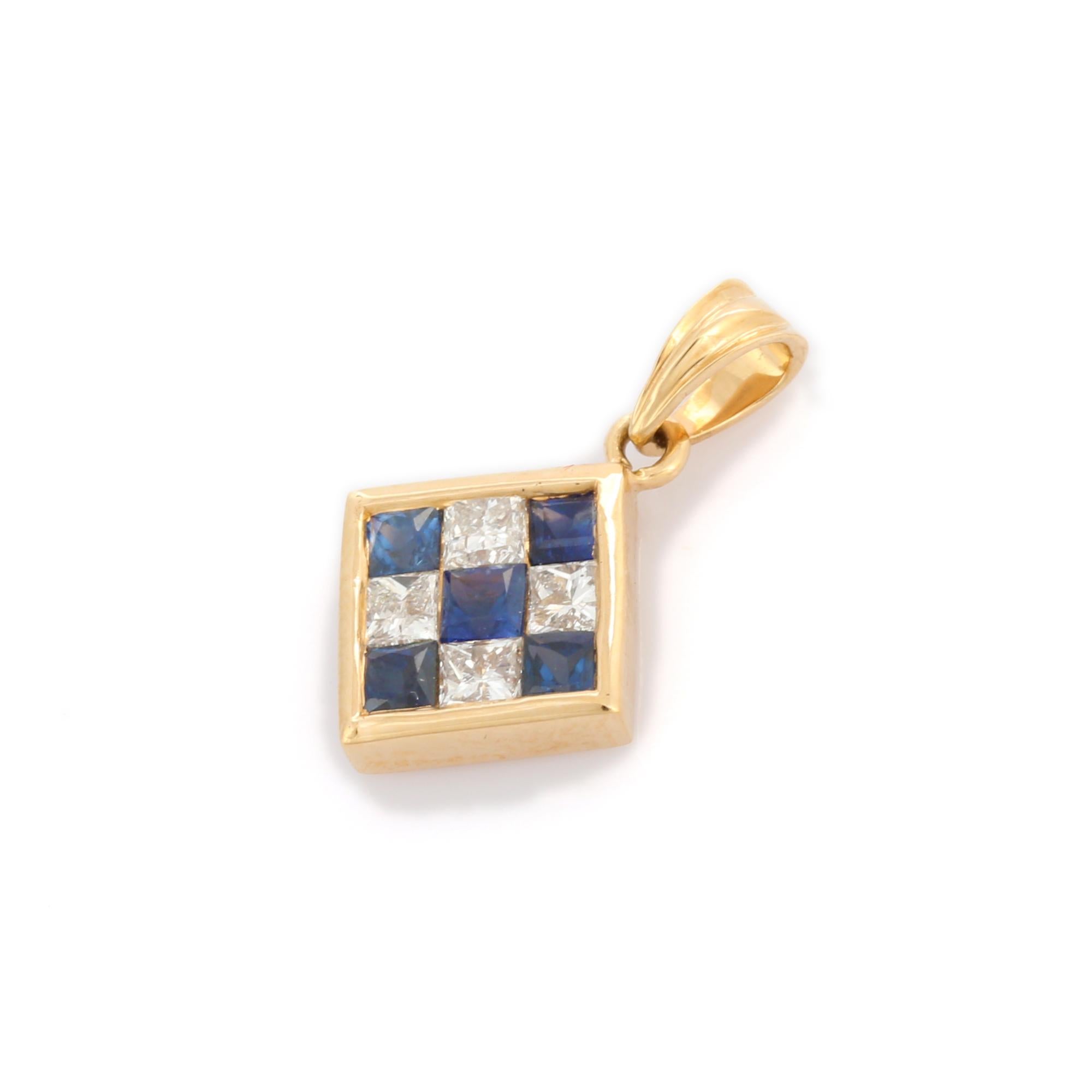 18K Yellow Gold Brilliant Blue Sapphire and Diamond Square Pendant In New Condition For Sale In Houston, TX