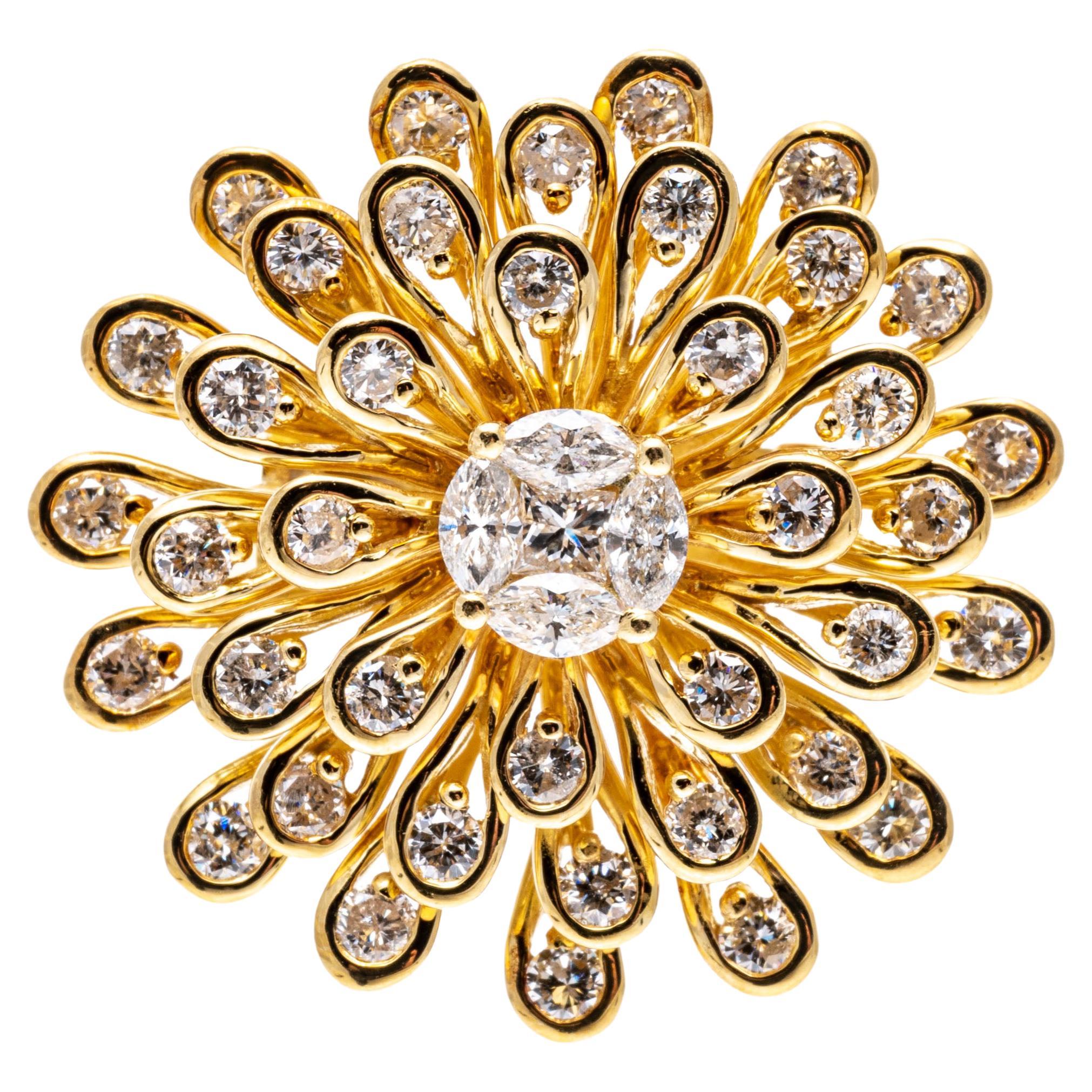 Bague grappe de fleurs en or jaune 18 carats avec diamants brillants et zincnia, 1,60 carat poids total