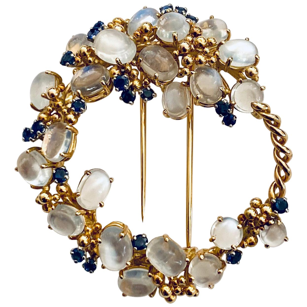 18k Yellow Gold Brooch Set with Moonstones & Saphires, Signed Kern Germany 1960