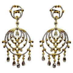 18k Yellow Gold Brown and White Diamond Chandelier Drop Earrings
