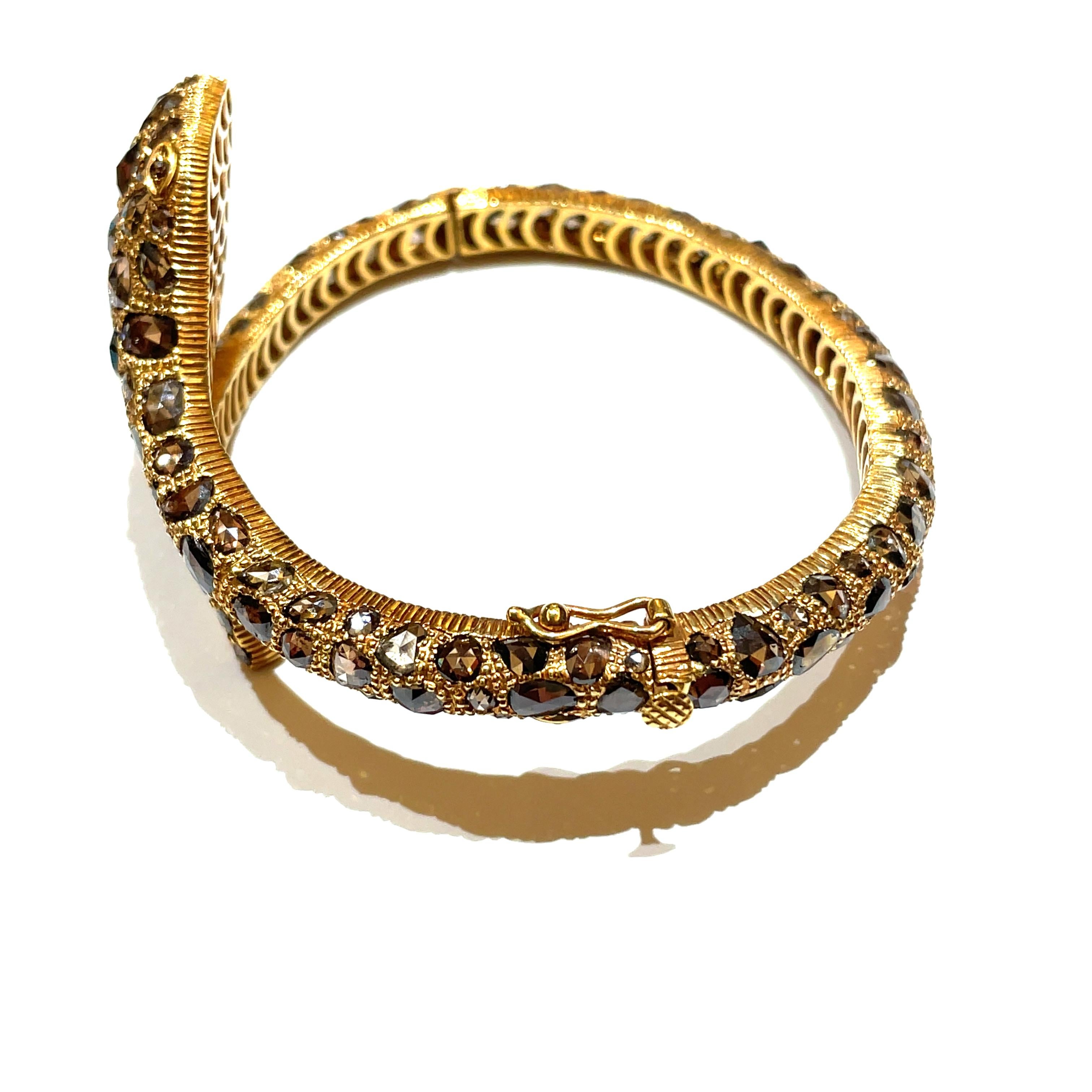 Contemporary 18k Yellow Gold Brown Diamond Snake Bangle For Sale