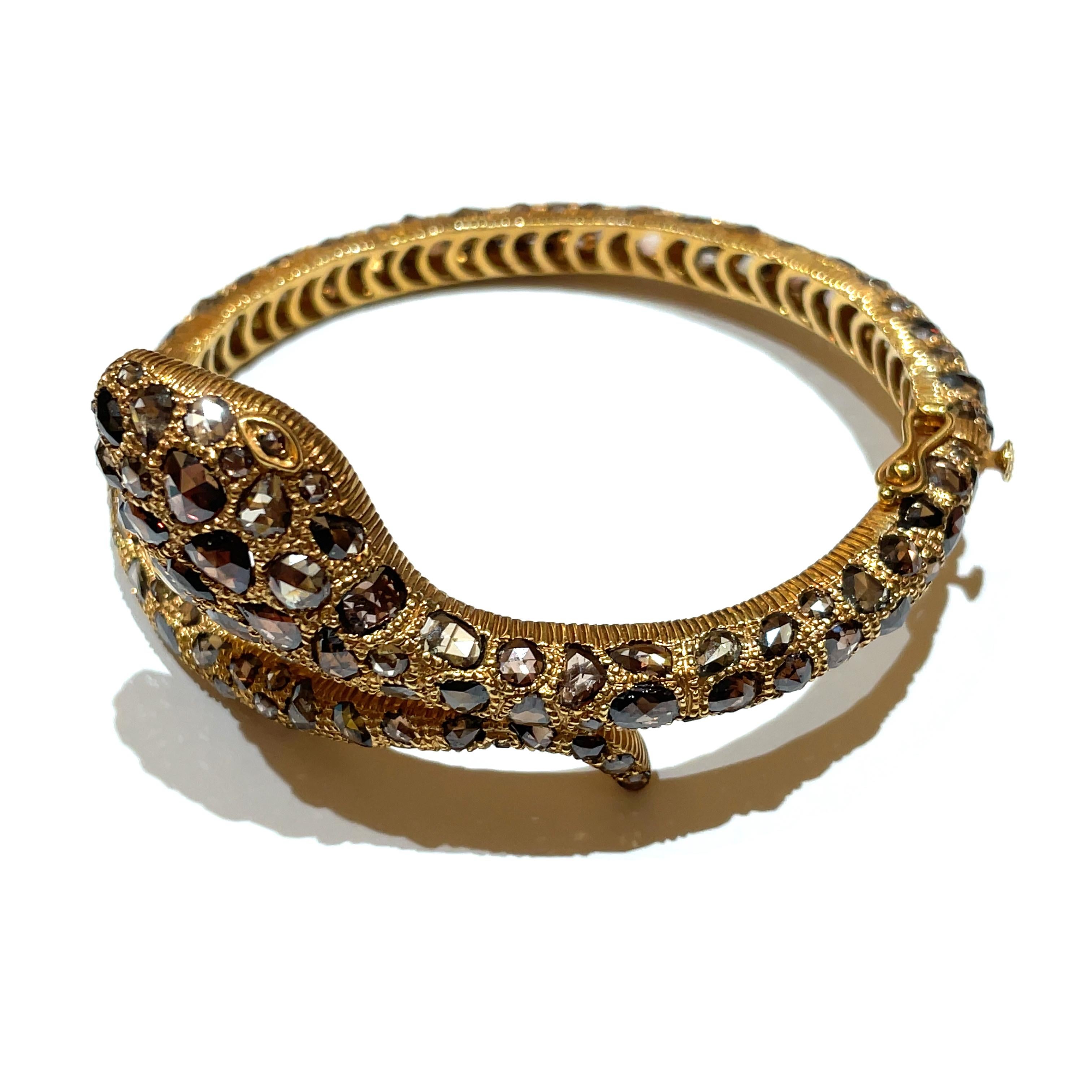 Rose Cut 18k Yellow Gold Brown Diamond Snake Bangle For Sale