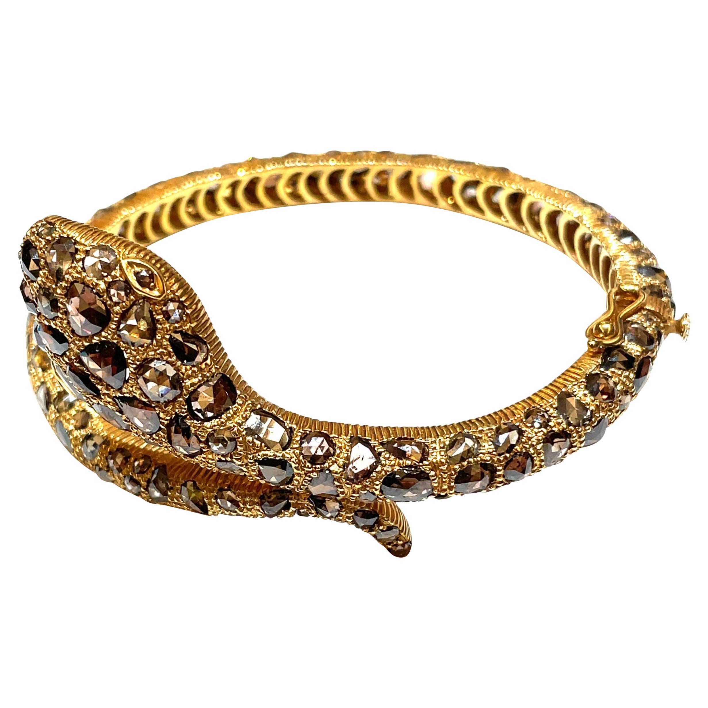 18k Yellow Gold Brown Diamond Snake Bangle, 18.46 Carat