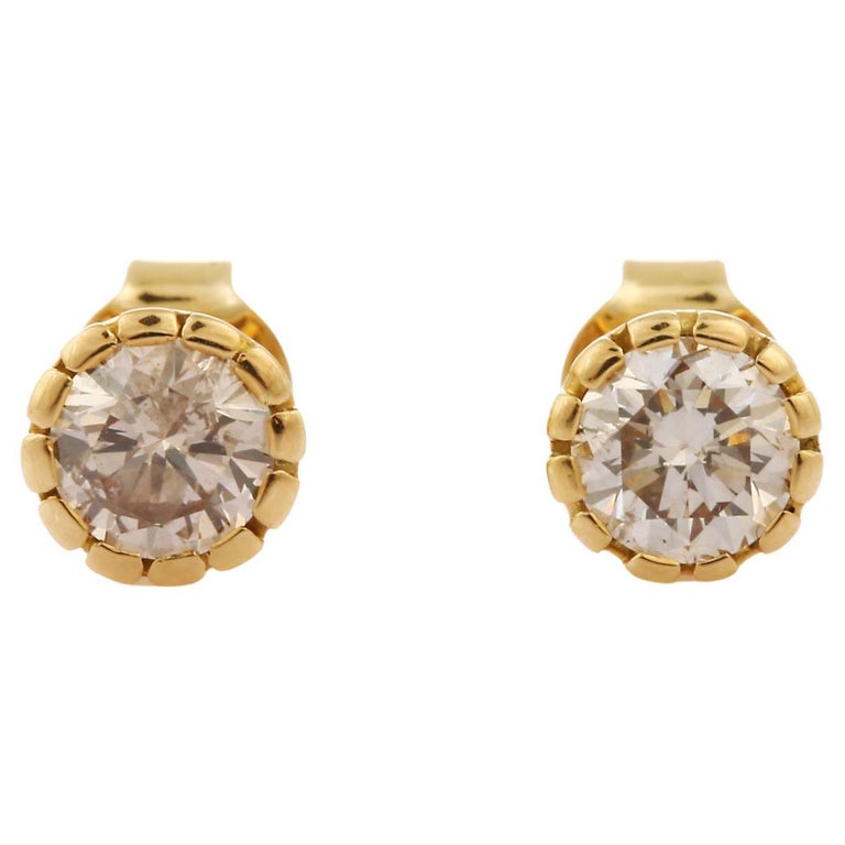 18K Yellow Gold Brown Faceted Diamond Stud Earrings For Sale