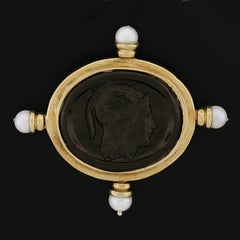 18k Yellow Gold Brown Glass Intaglio Trojan Knight w/ Pearl Pin Brooch