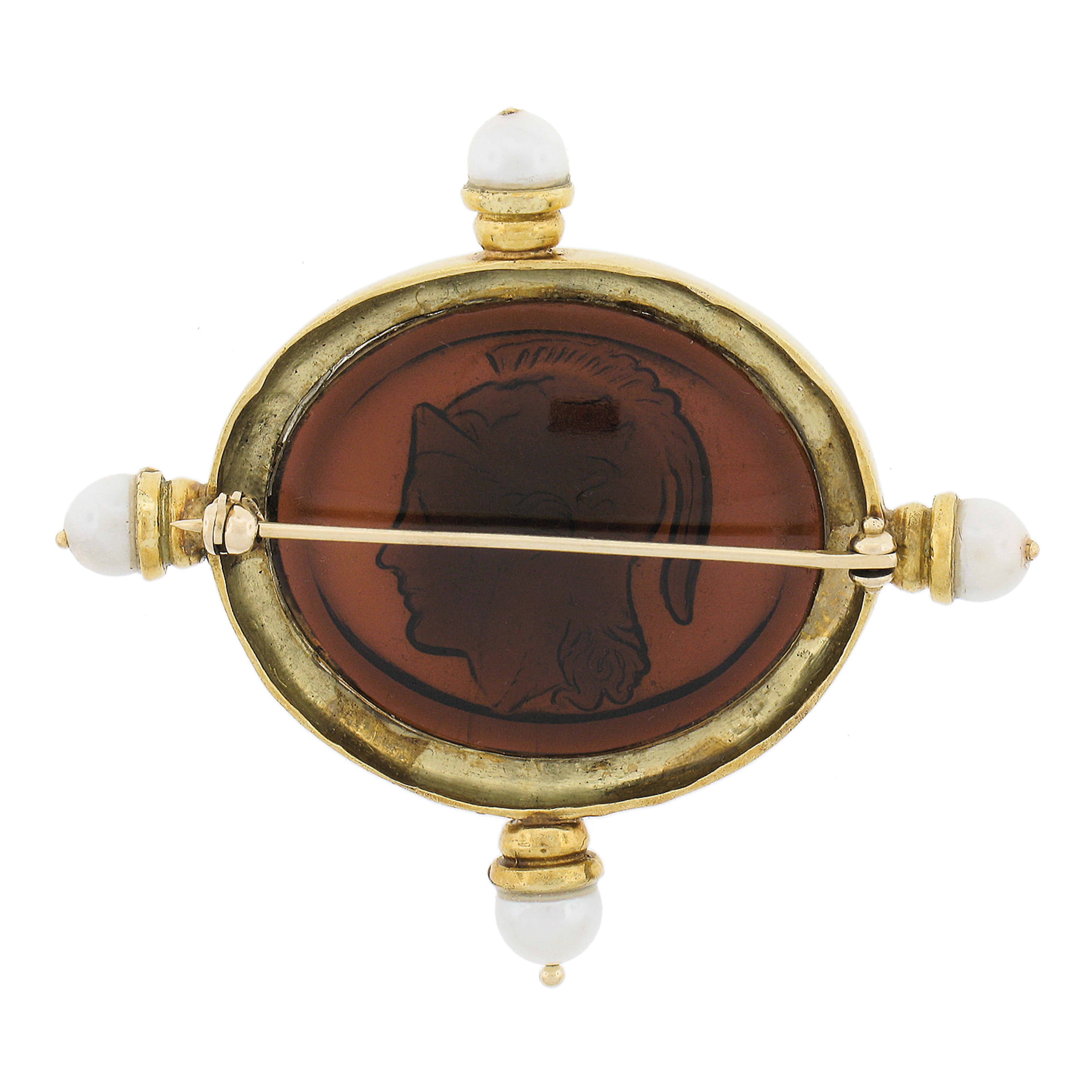 Round Cut 18k Yellow Gold Brown Glass Intaglio Trojan Knight w/ Pearl Pin Brooch For Sale