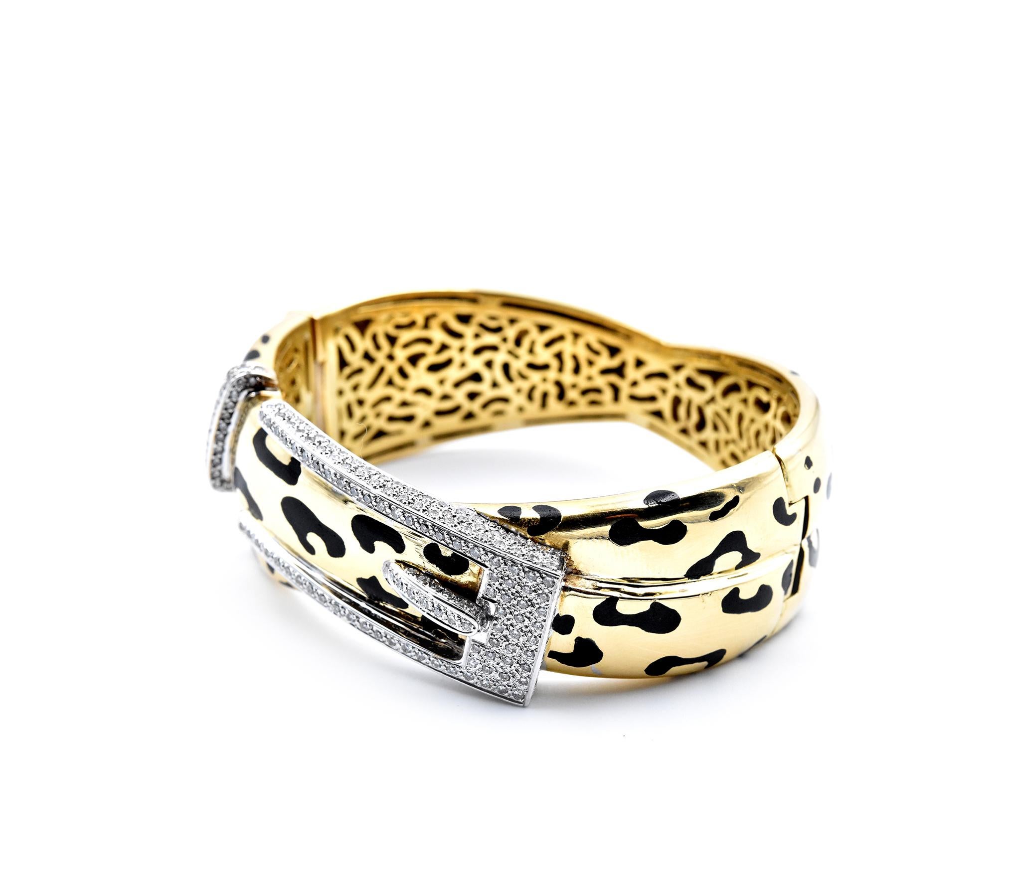 Round Cut 18 Karat Yellow Gold Buckle and Black Enamel Cheetah Print Bangle
