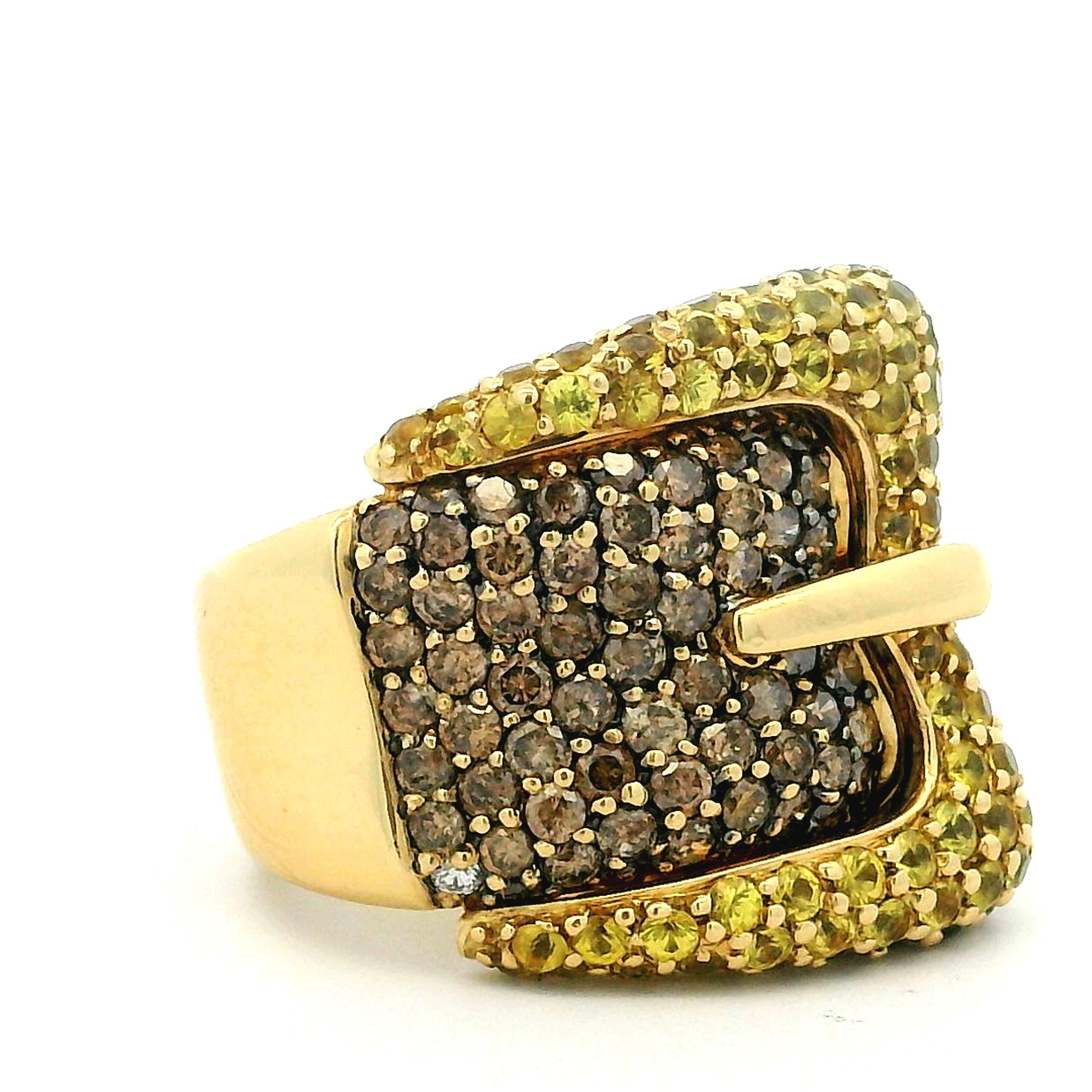 Bague à boucle en or jaune 18K  Diamants champagne et saphirs jaunes, Italie 1990 en vente 4