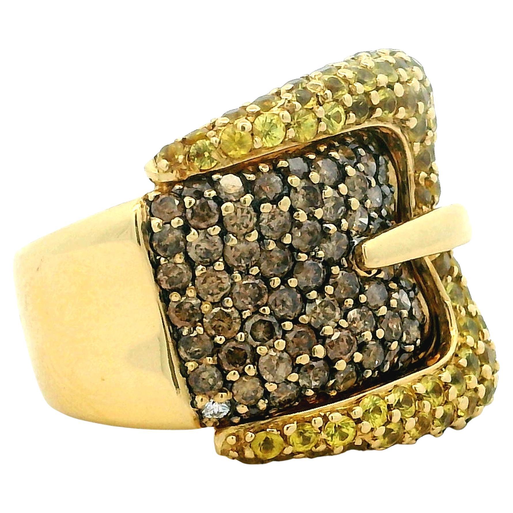 Bague à boucle en or jaune 18K Diamants champagne et saphirs jaunes, Italie 1990