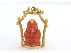 18k Yellow Gold Buddha Coral Pendant, Mediterranean Origin, 10.8g