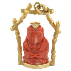 18k Yellow Gold Buddha Coral Pendant, Mediterranean Origin, 10.8g
