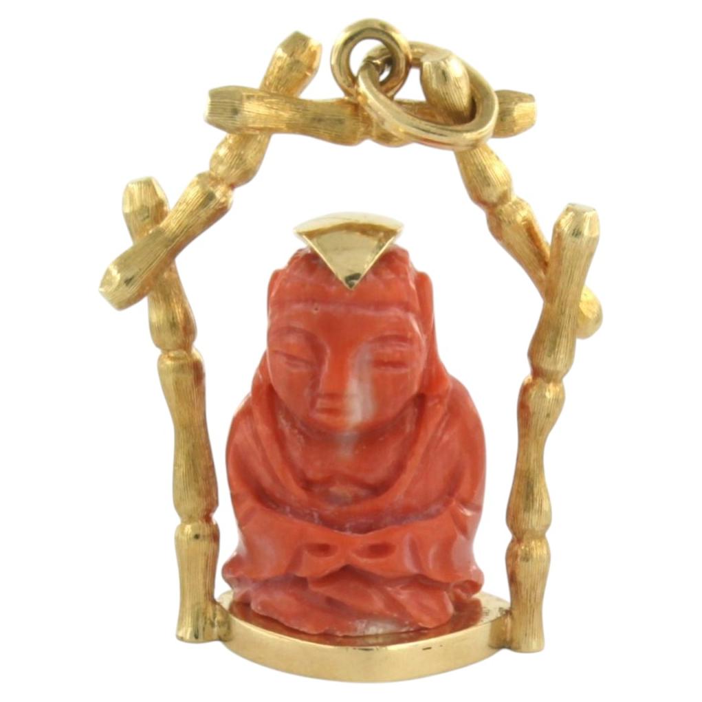 18k Yellow Gold Buddha Coral Pendant, Mediterranean Origin, 10.8g