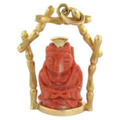 18k Yellow Gold Buddha Coral Pendant, Mediterranean Origin, 10.8g
